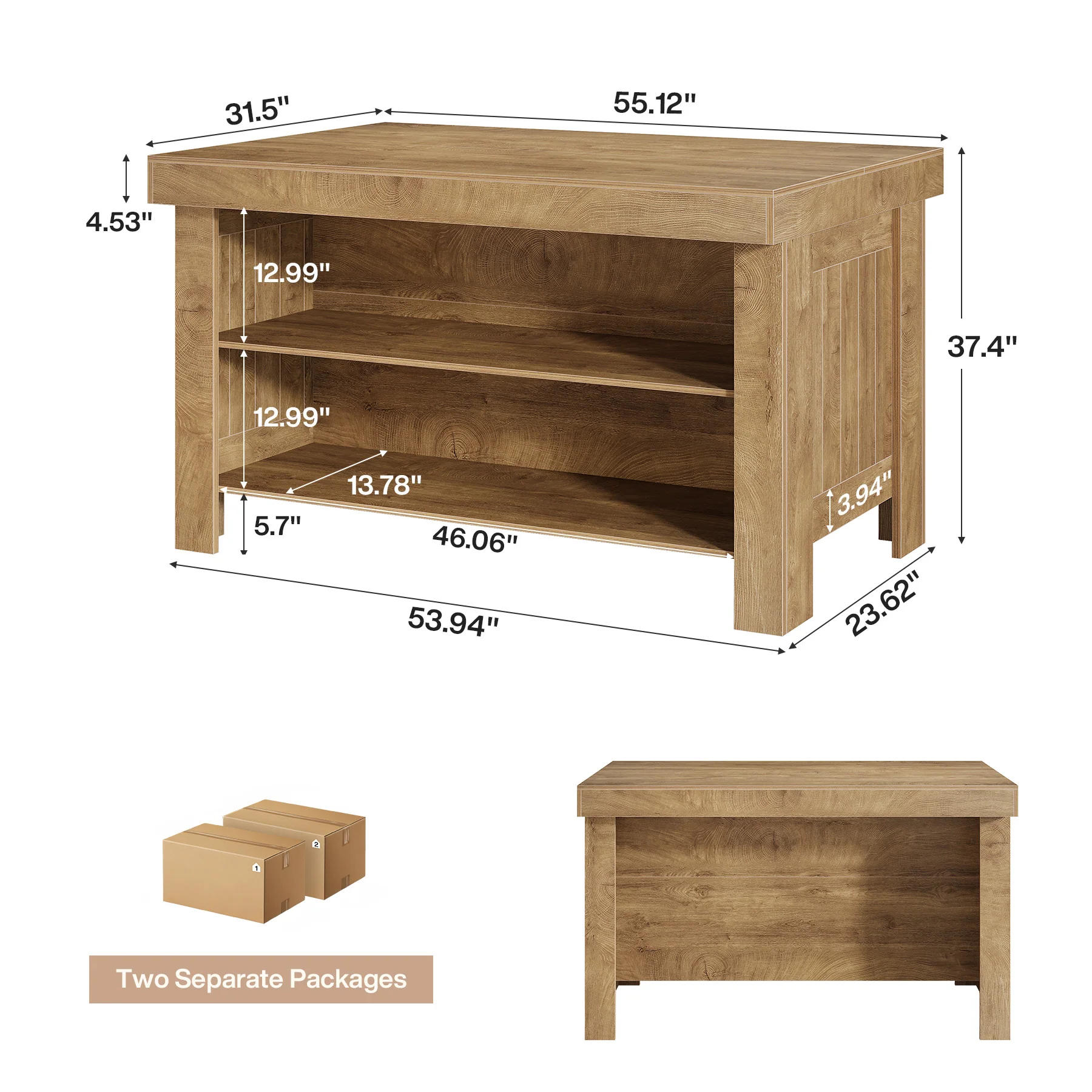 55" Kitchen Island Table, Farmhouse Counter Height Bar Table with Storage Shelves - Image 12