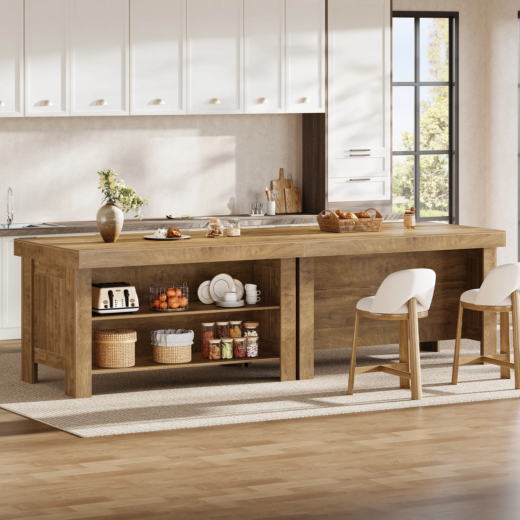 55" Kitchen Island Table, Farmhouse Counter Height Bar Table with Storage Shelves - Image 13