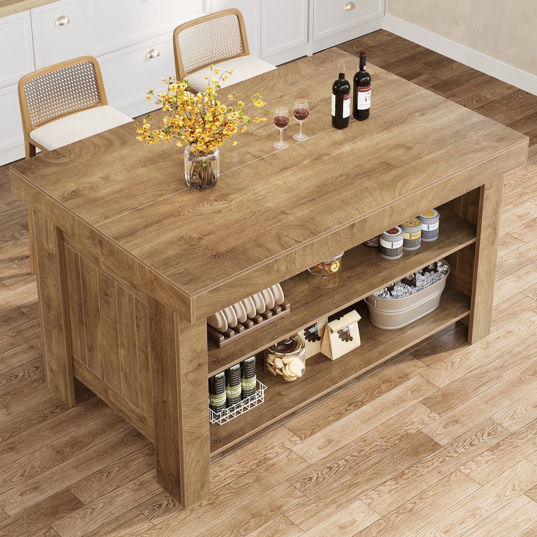 55" Kitchen Island Table, Farmhouse Counter Height Bar Table with Storage Shelves - Image 14