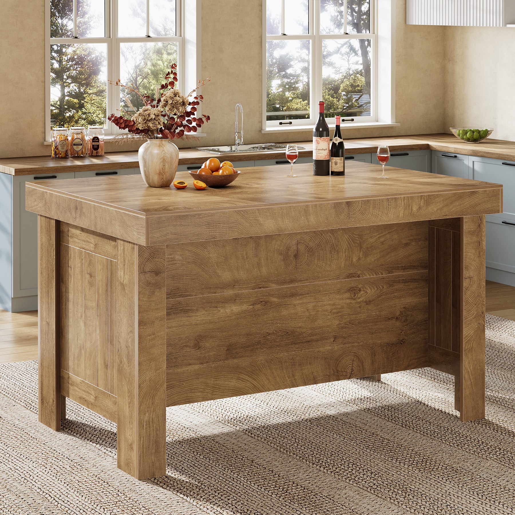 55" Kitchen Island Table, Farmhouse Counter Height Bar Table with Storage Shelves - Image 15