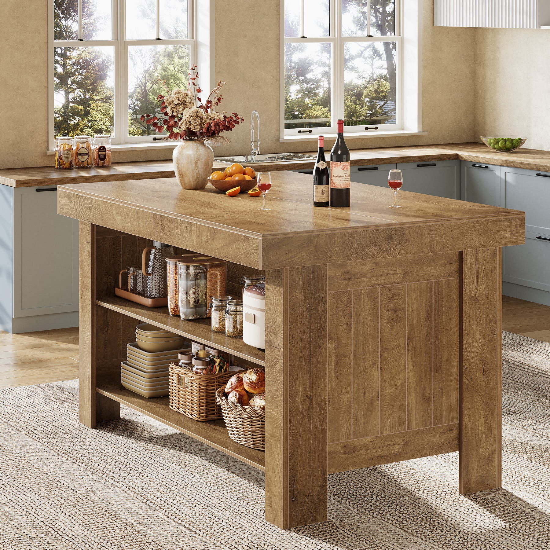 55" Kitchen Island Table, Farmhouse Counter Height Bar Table with Storage Shelves - Image 16