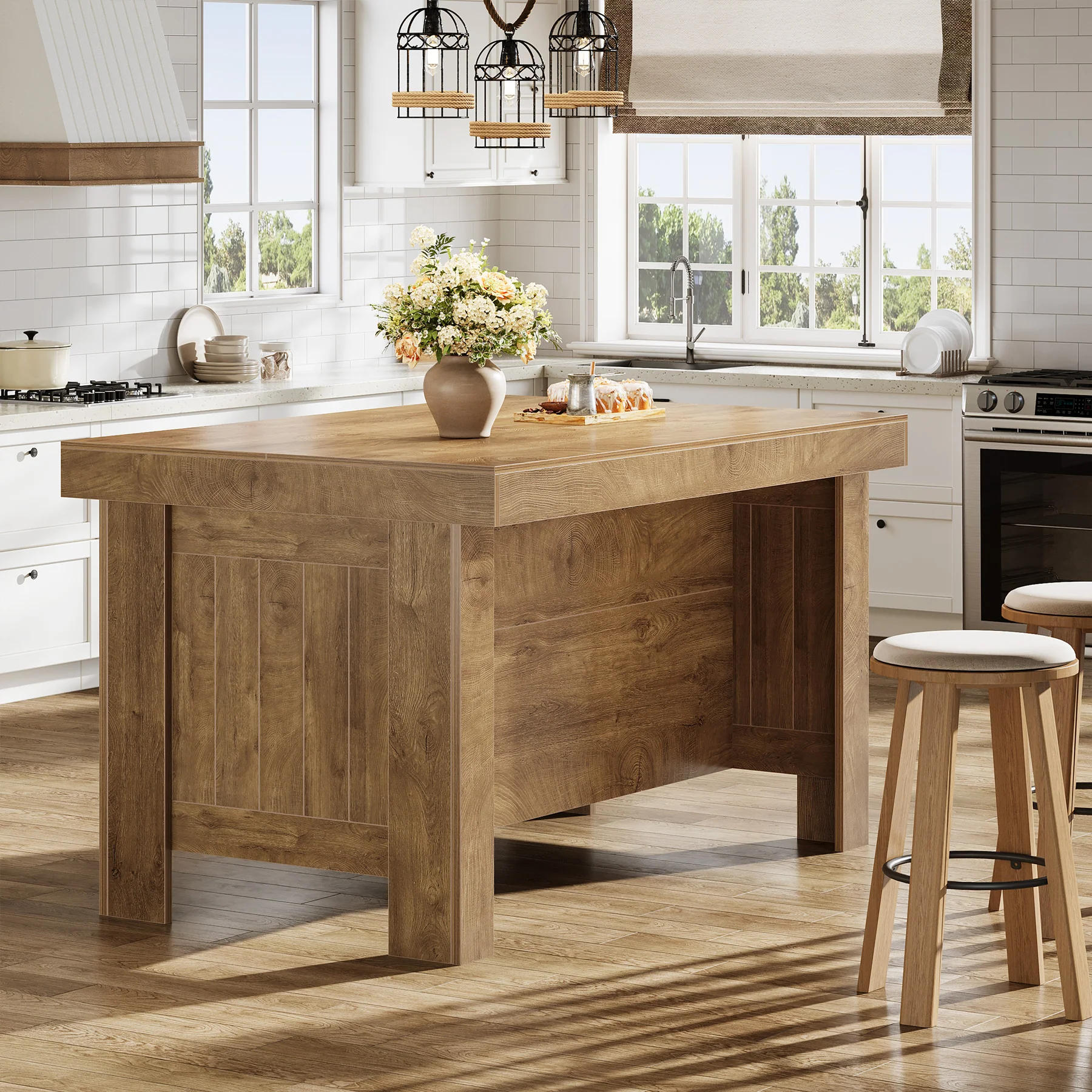 55" Kitchen Island Table, Farmhouse Counter Height Bar Table with Storage Shelves - Image 17