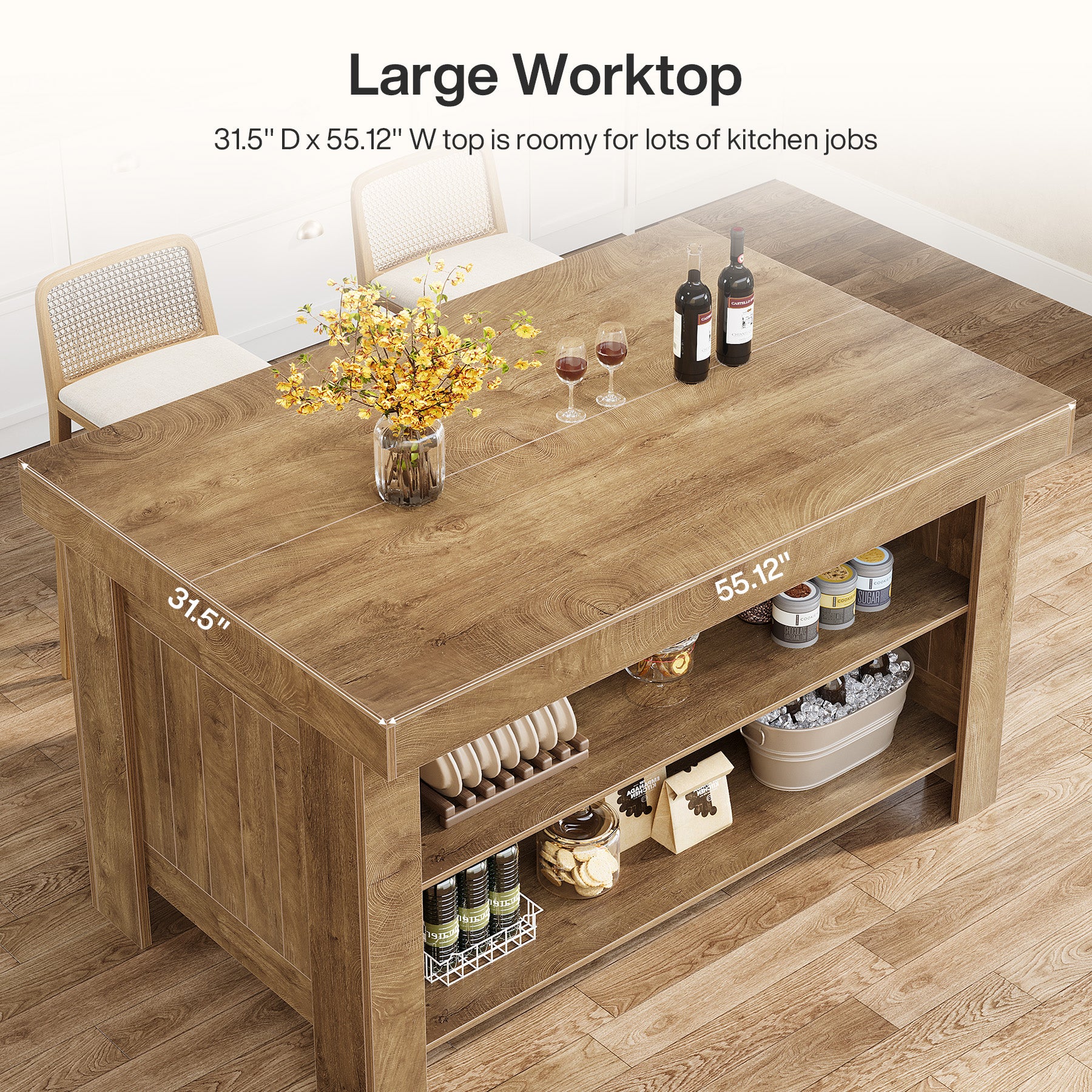 55" Kitchen Island Table, Farmhouse Counter Height Bar Table with Storage Shelves - Image 18