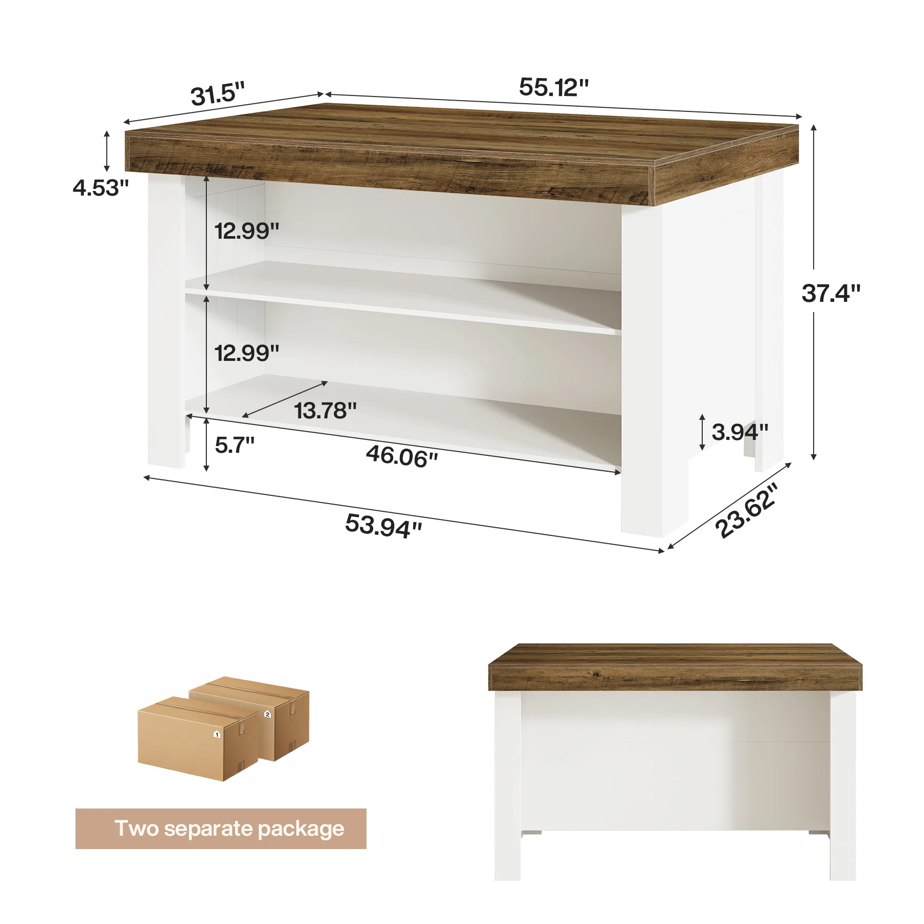 55" Kitchen Island Table, Farmhouse Counter Height Bar Table with Storage Shelves - Image 2