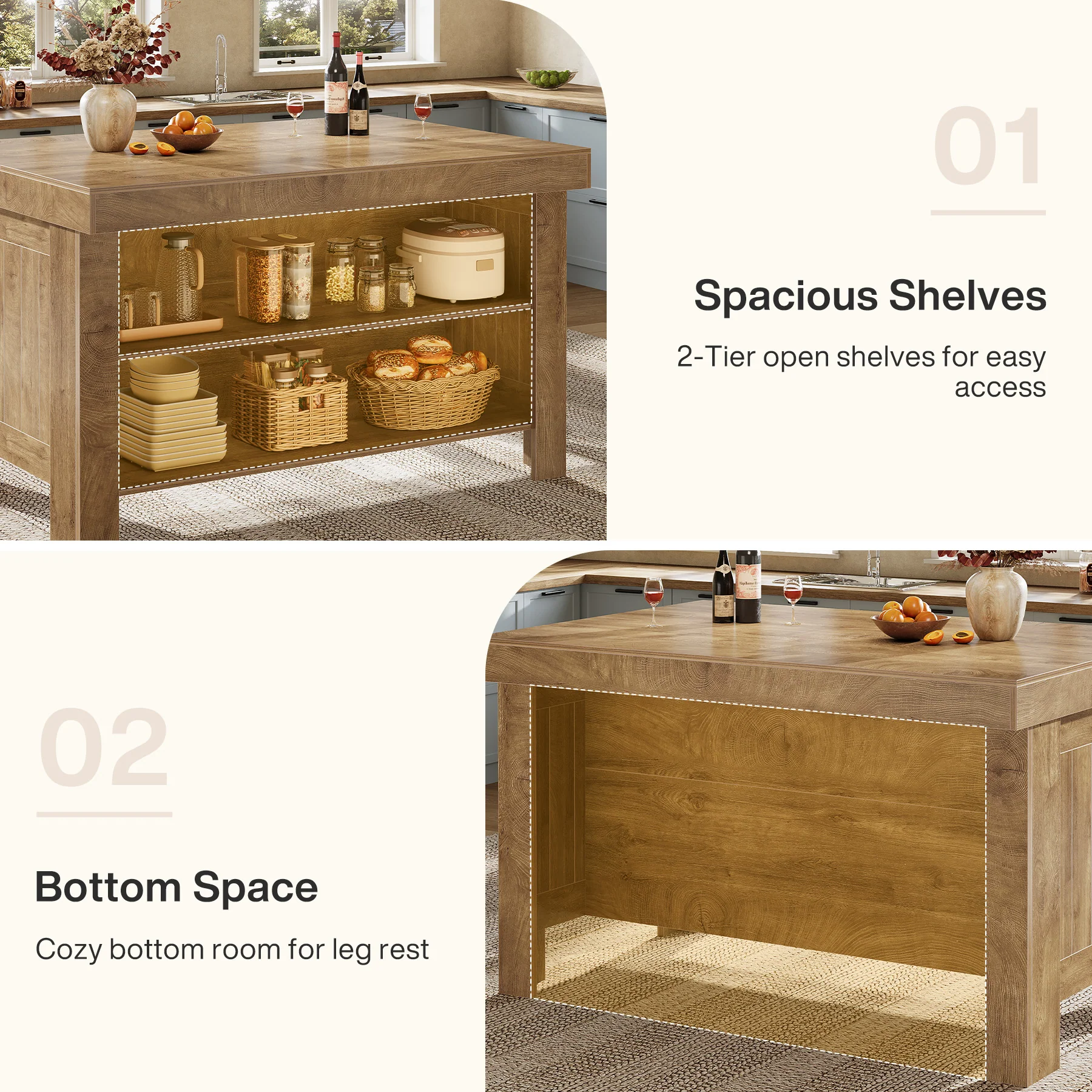 55" Kitchen Island Table, Farmhouse Counter Height Bar Table with Storage Shelves - Image 20