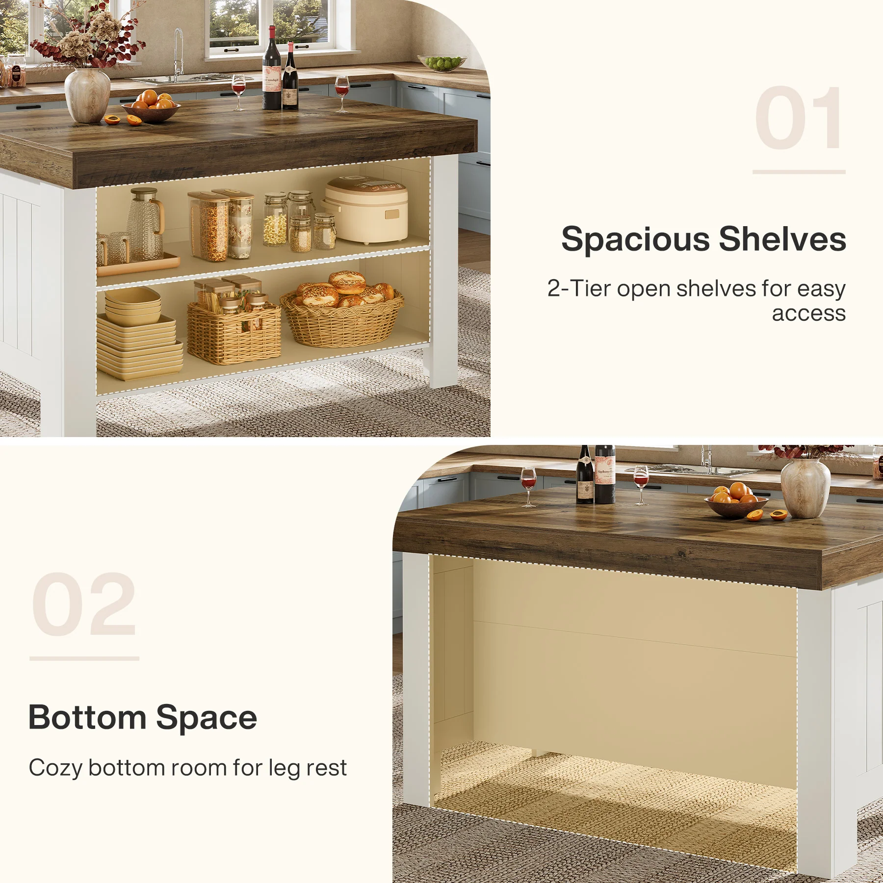 55" Kitchen Island Table, Farmhouse Counter Height Bar Table with Storage Shelves - Image 6