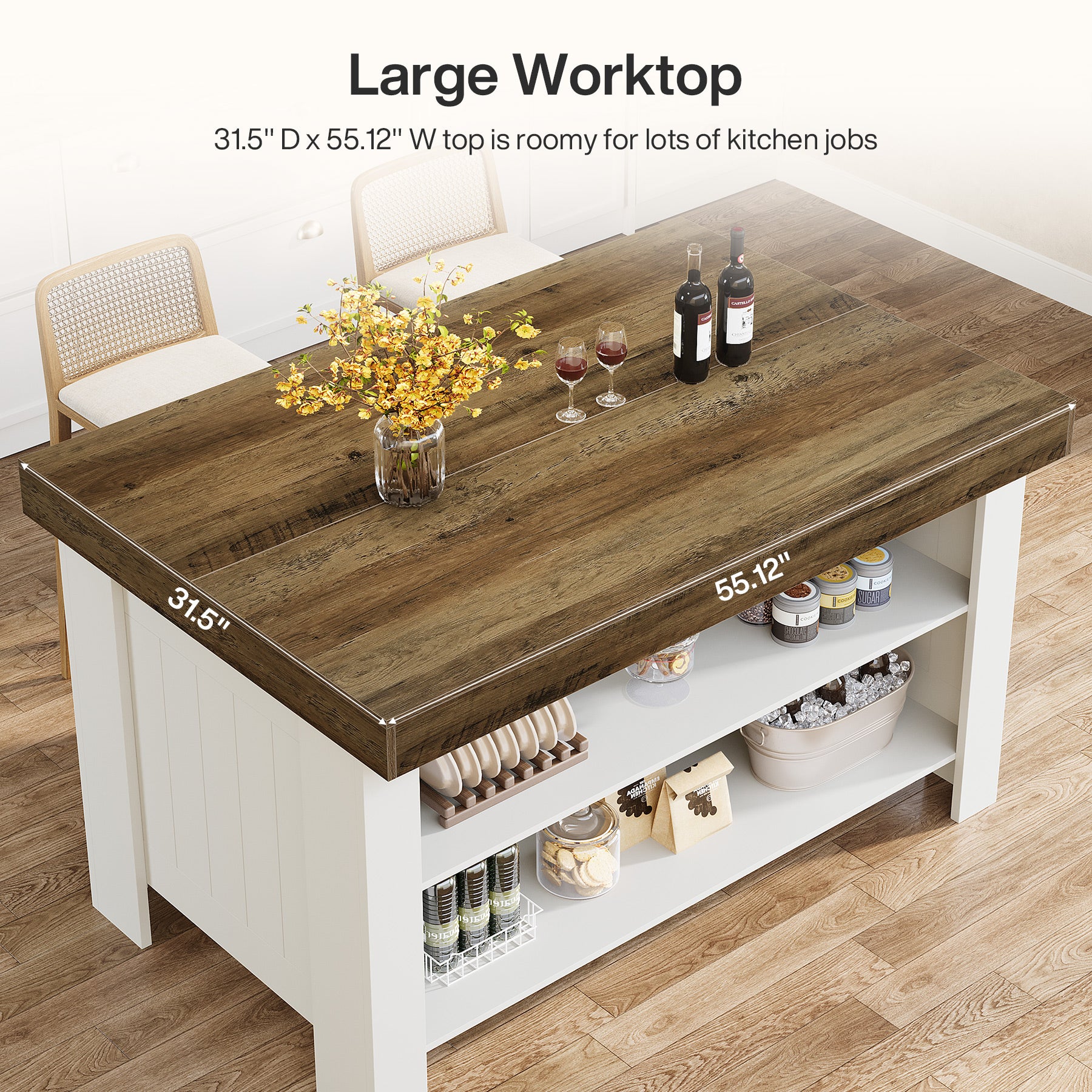 55" Kitchen Island Table, Farmhouse Counter Height Bar Table with Storage Shelves - Image 8