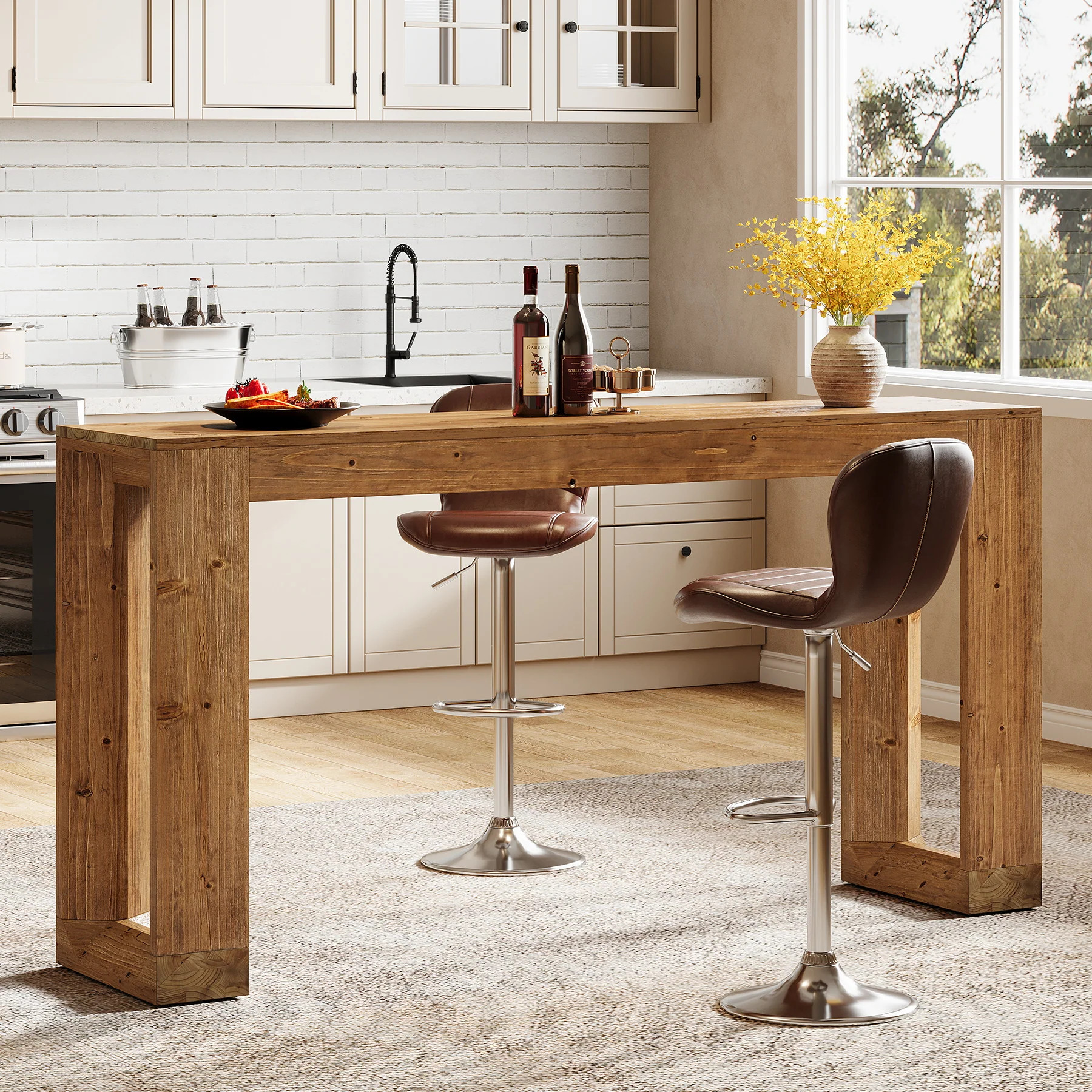 63" Wood Bar Table, Farmhouse Counter Height Pub Table Coffee Bar Units
