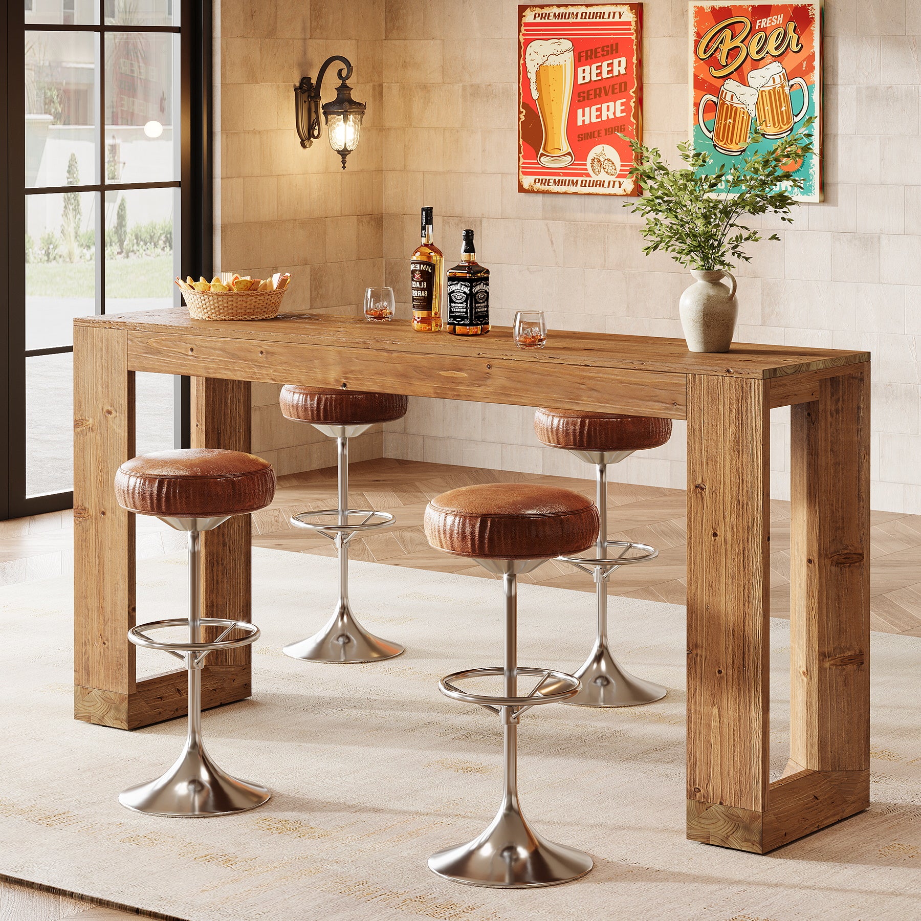 63" Wood Bar Table, Farmhouse Counter Height Pub Table Coffee Bar Units - Image 3