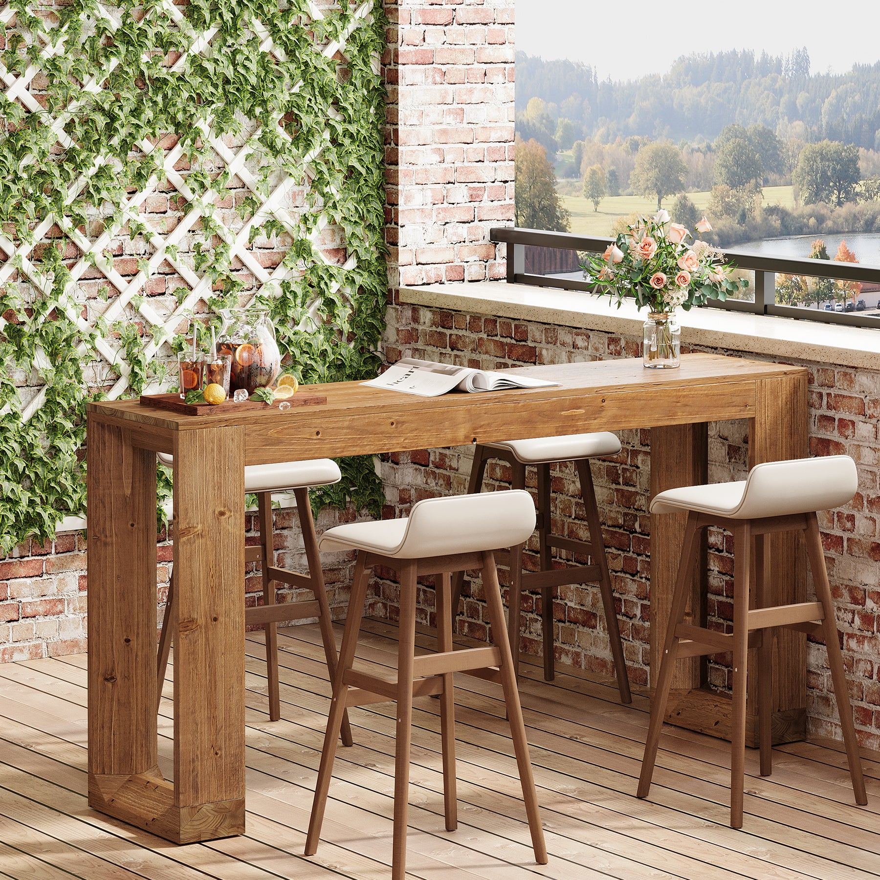 63" Wood Bar Table, Farmhouse Counter Height Pub Table Coffee Bar Units - Image 5