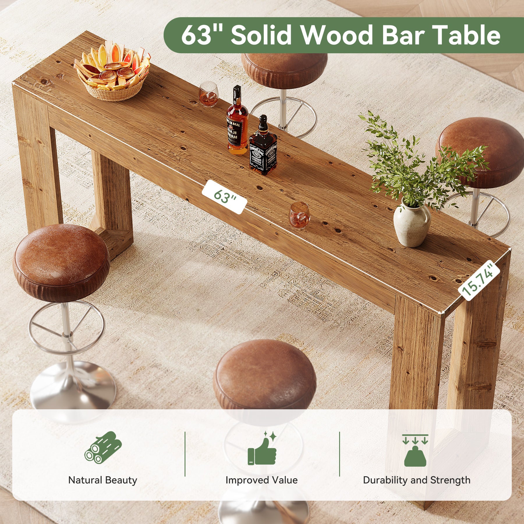 63" Wood Bar Table, Farmhouse Counter Height Pub Table Coffee Bar Units - Image 6