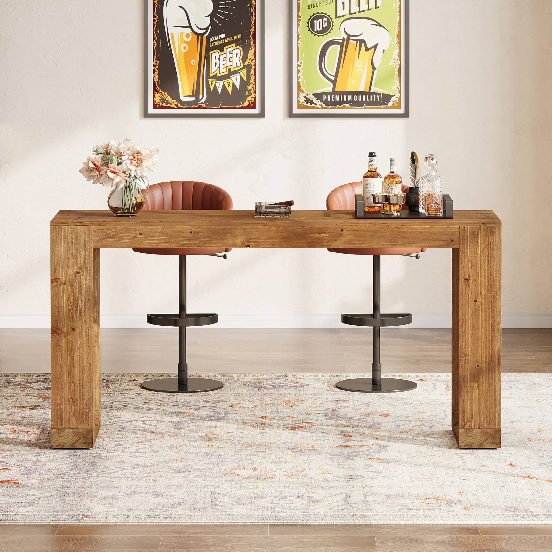63" Wood Bar Table, Farmhouse Counter Height Pub Table Coffee Bar Units - Image 7