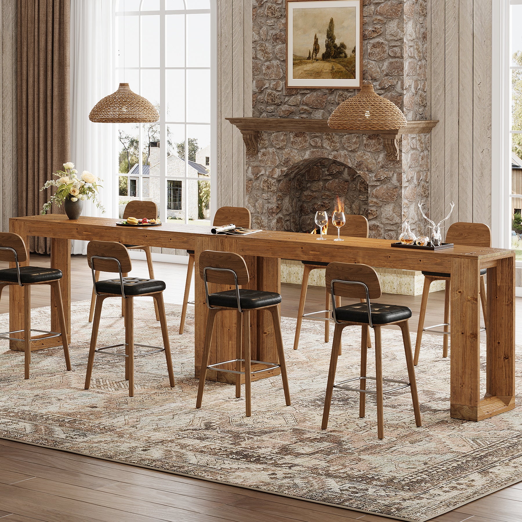 63" Wood Bar Table, Farmhouse Counter Height Pub Table Coffee Bar Units - Image 8