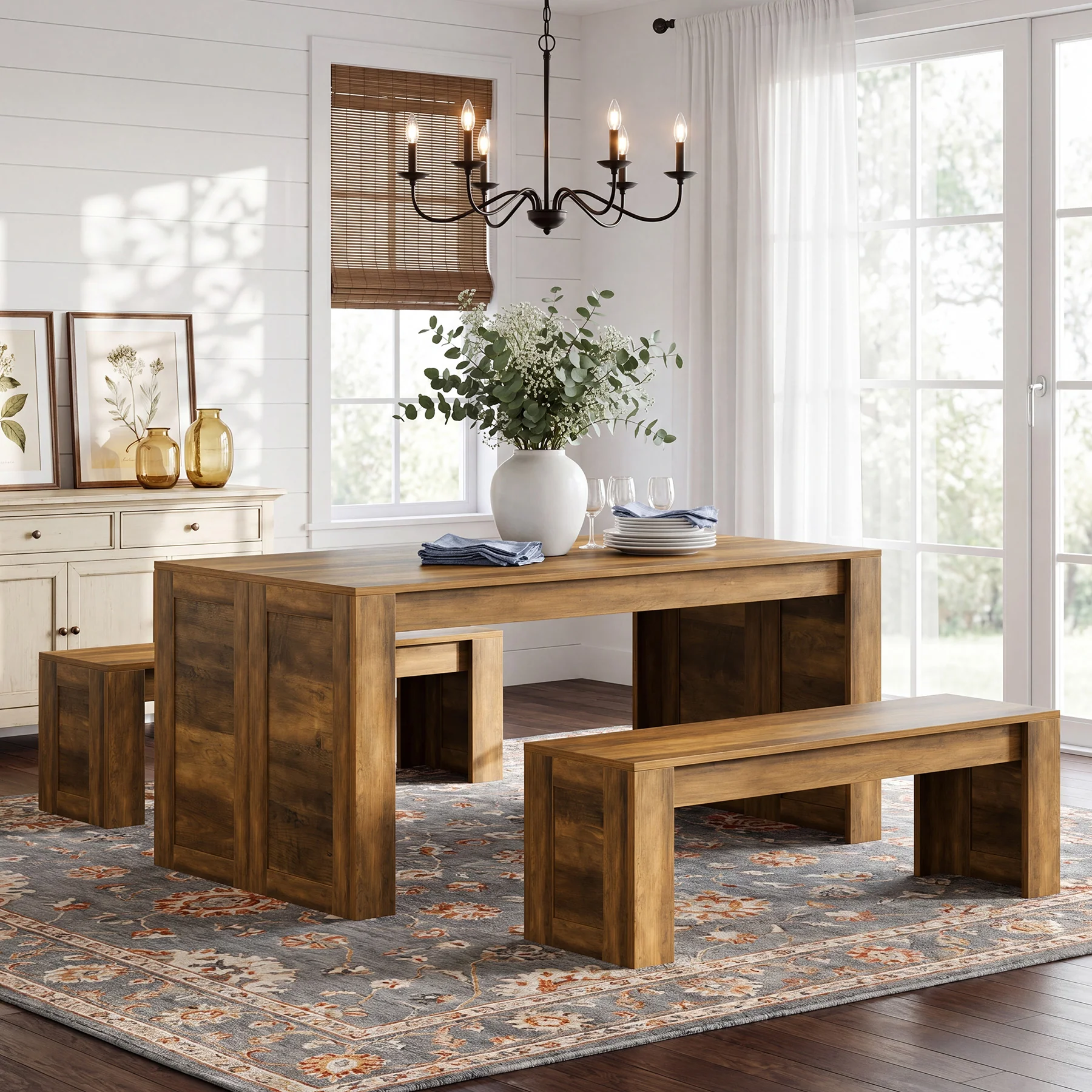 55" Dining Table Set, Wooden Kitchen Table for 4-6 with 2 Benches