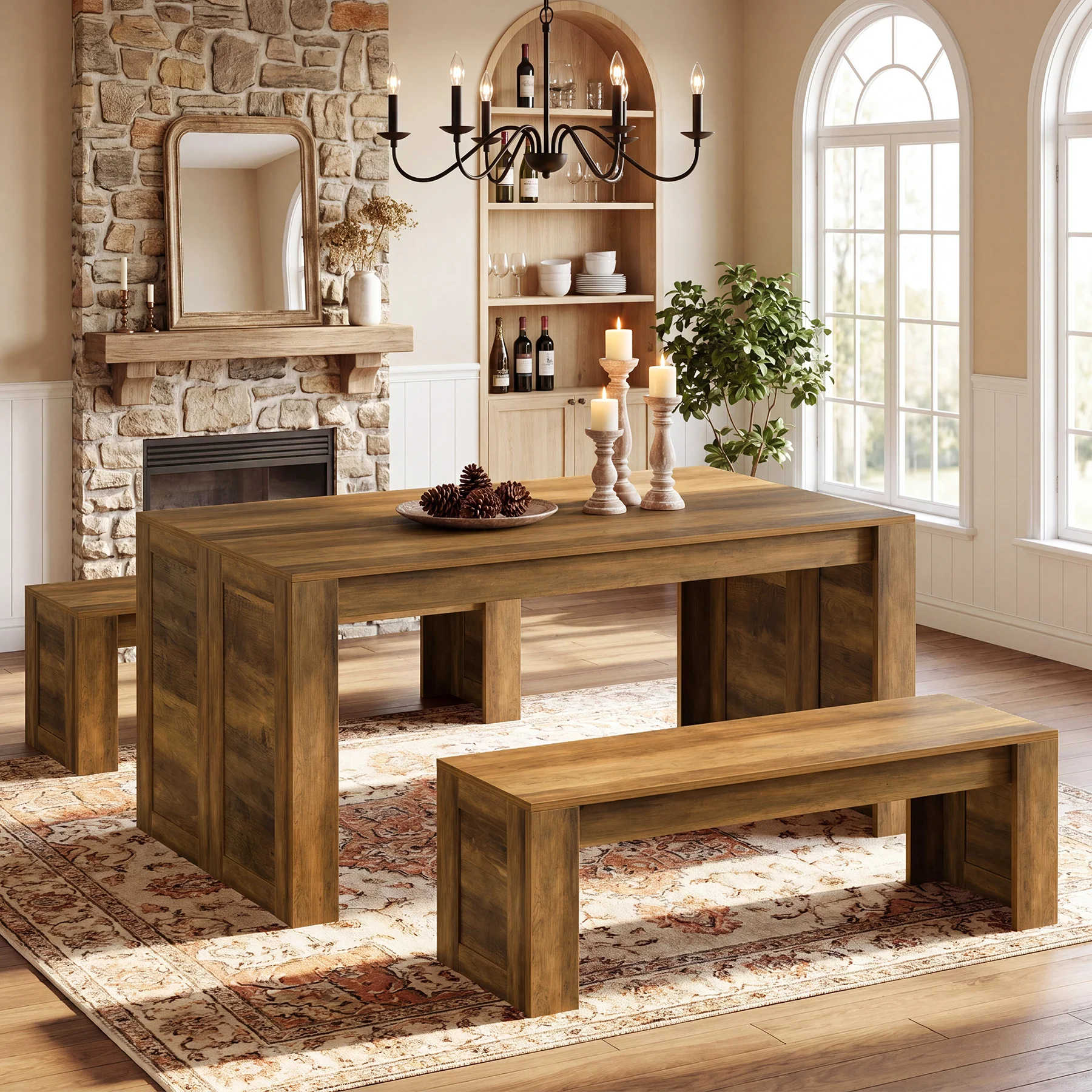 55" Dining Table Set, Wooden Kitchen Table for 4-6 with 2 Benches - Image 10