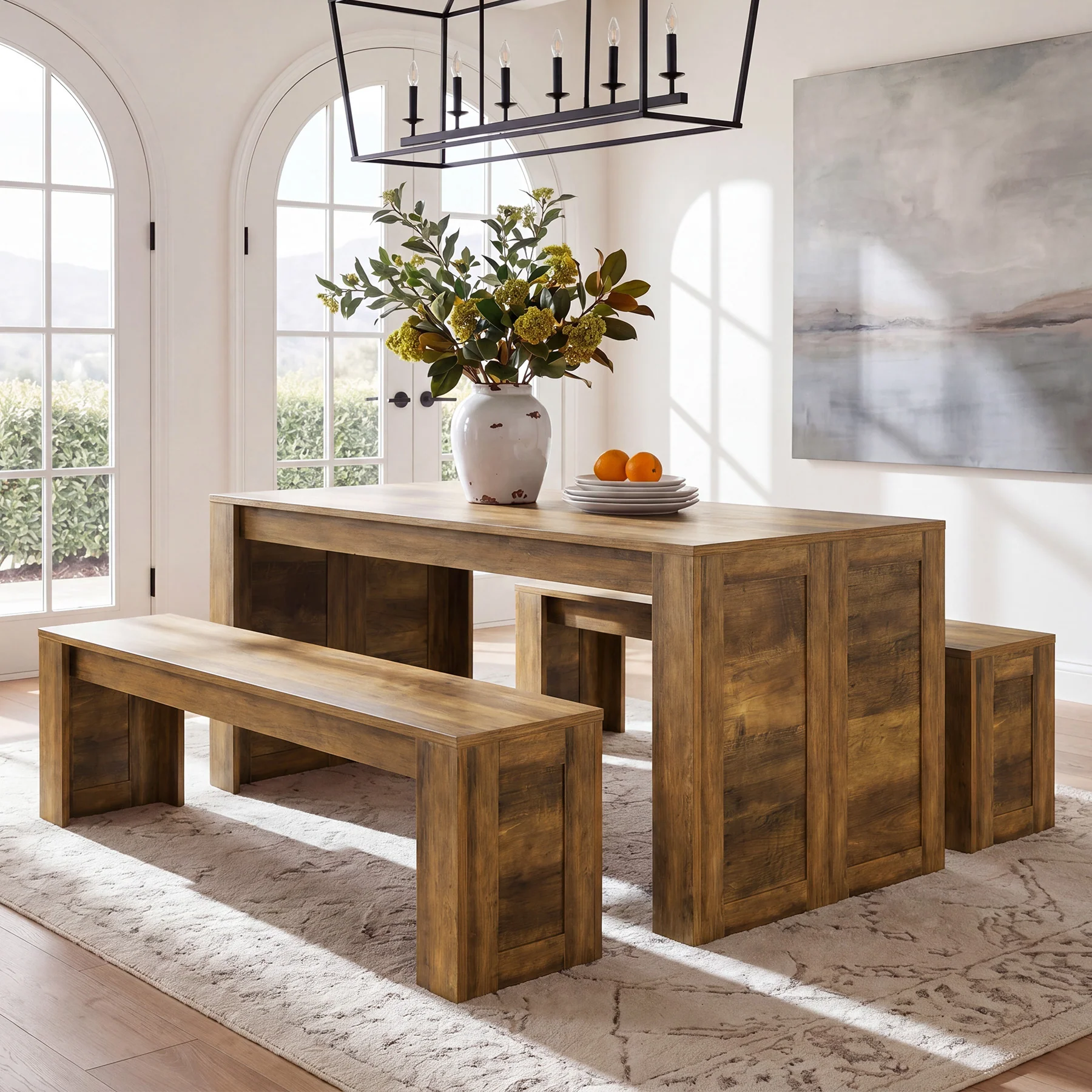 55" Dining Table Set, Wooden Kitchen Table for 4-6 with 2 Benches - Image 3