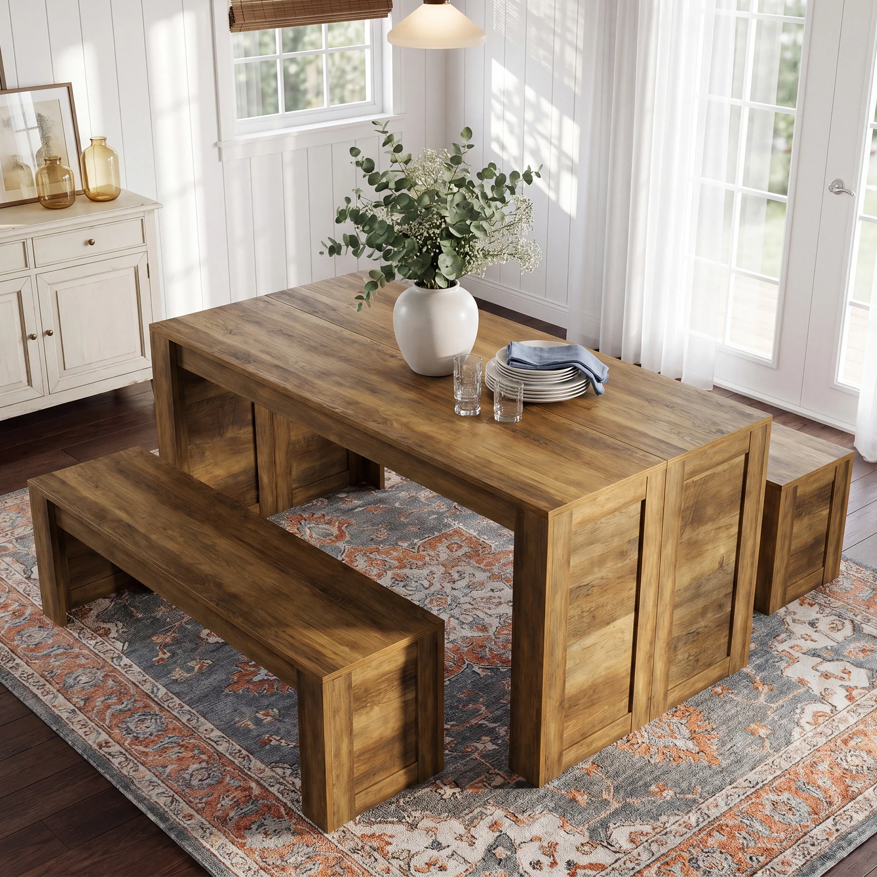 55" Dining Table Set, Wooden Kitchen Table for 4-6 with 2 Benches - Image 4