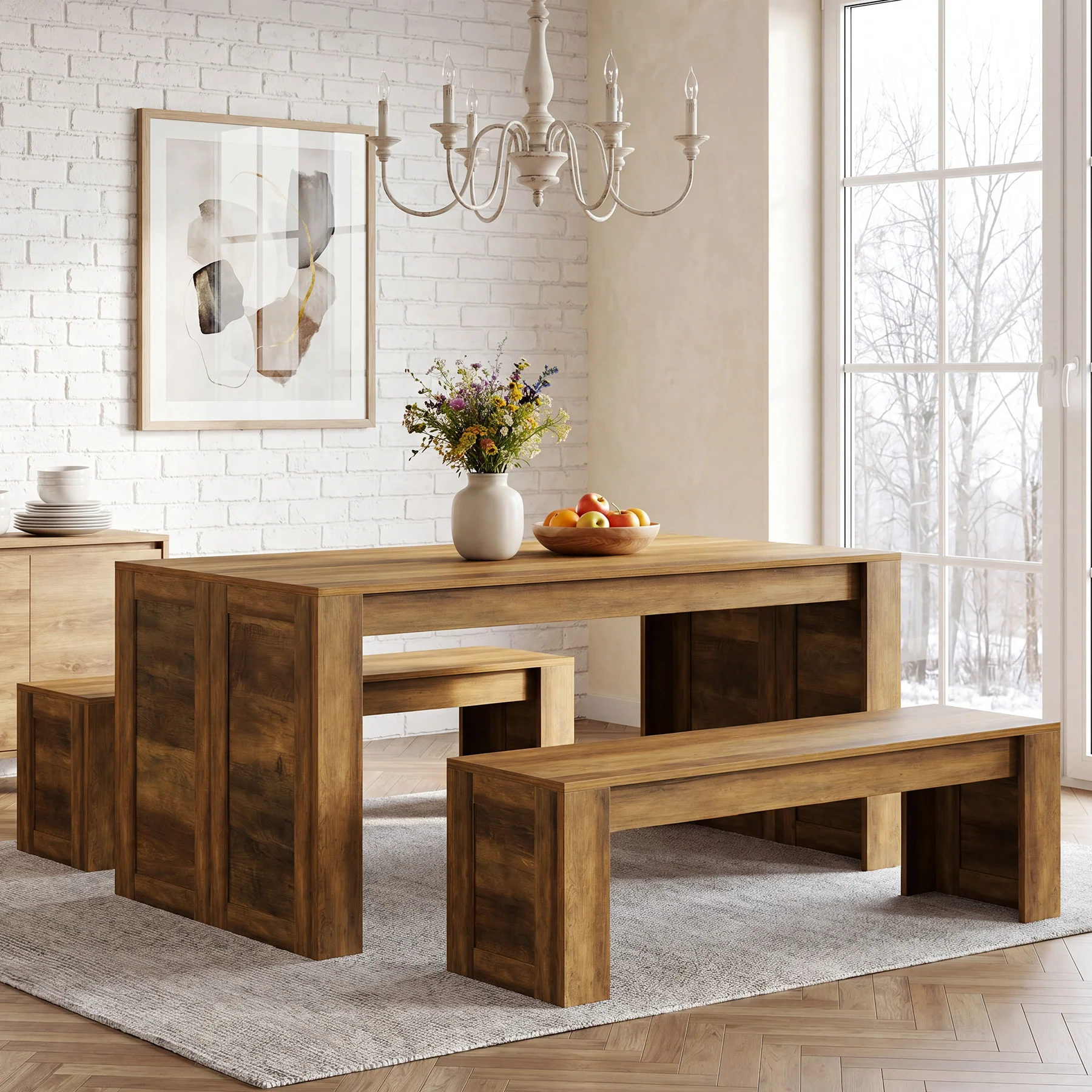 55" Dining Table Set, Wooden Kitchen Table for 4-6 with 2 Benches - Image 5