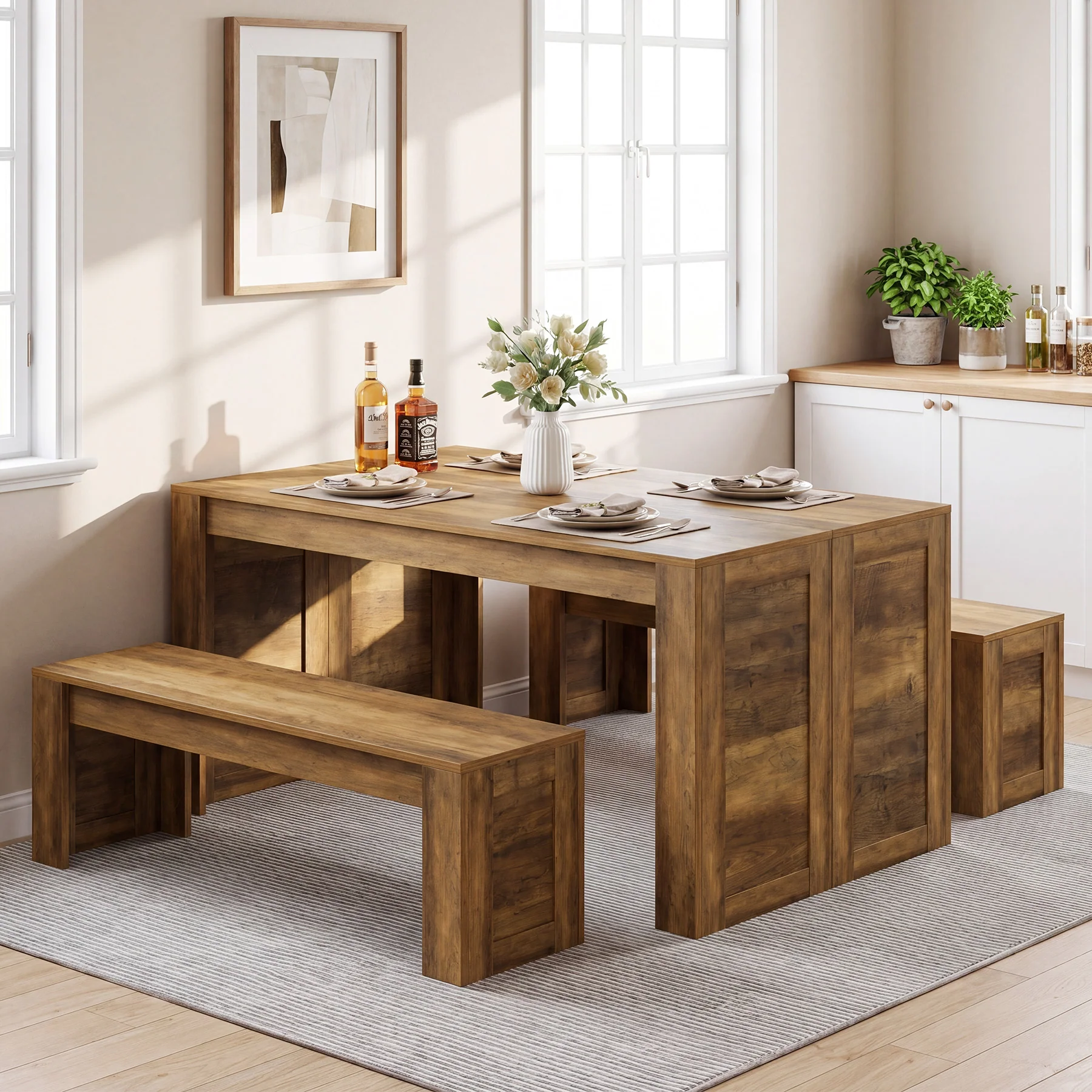 55" Dining Table Set, Wooden Kitchen Table for 4-6 with 2 Benches - Image 6