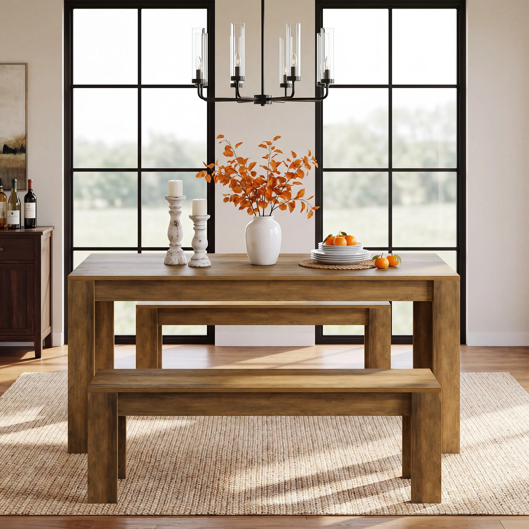 55" Dining Table Set, Wooden Kitchen Table for 4-6 with 2 Benches - Image 7