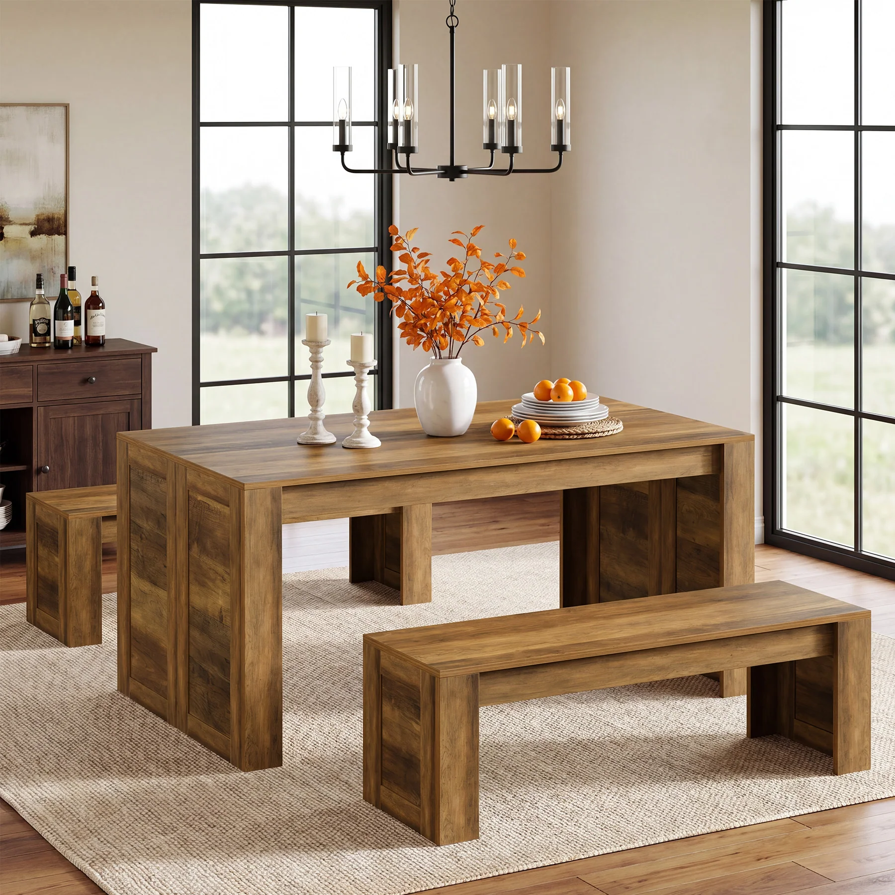 55" Dining Table Set, Wooden Kitchen Table for 4-6 with 2 Benches - Image 8