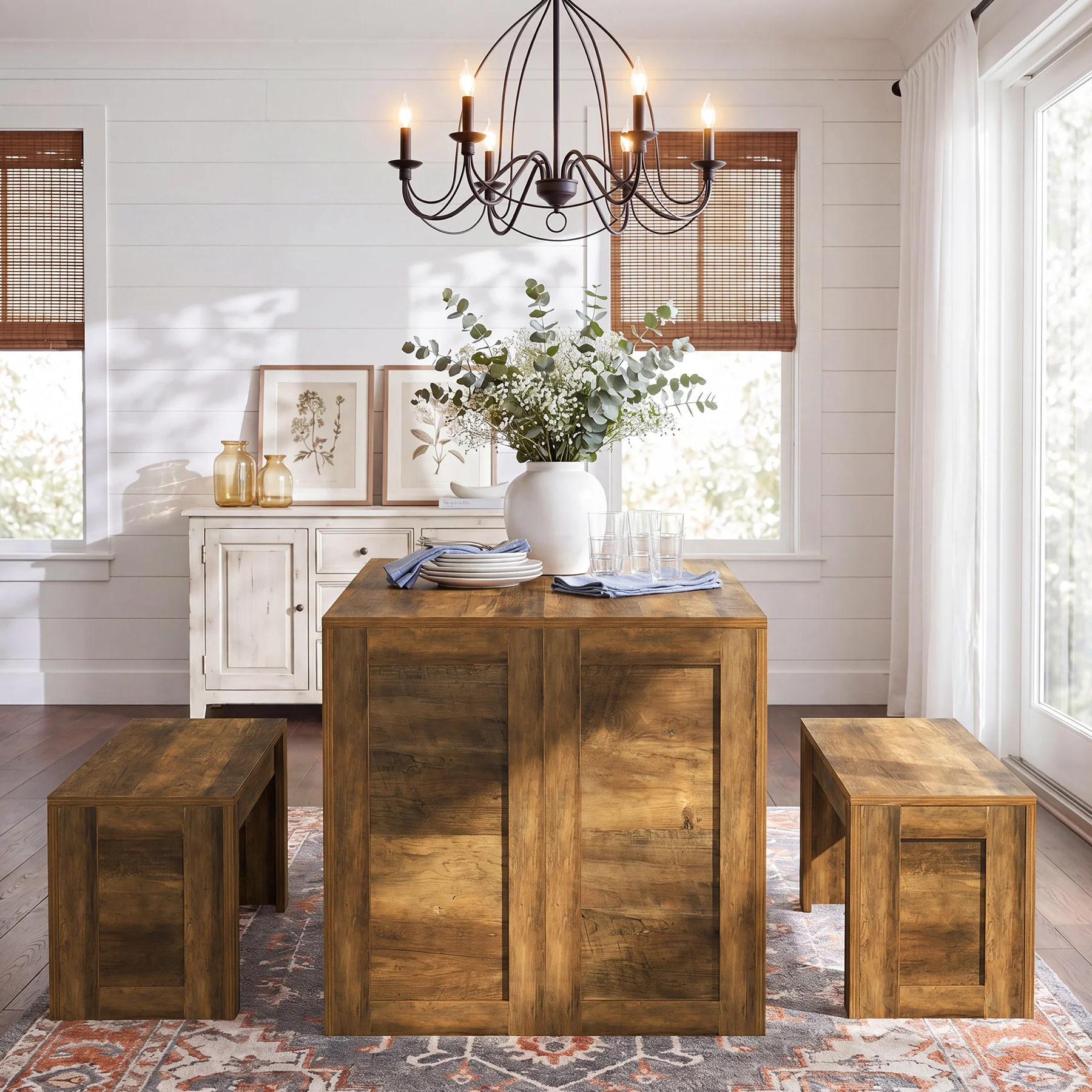 55" Dining Table Set, Wooden Kitchen Table for 4-6 with 2 Benches - Image 9