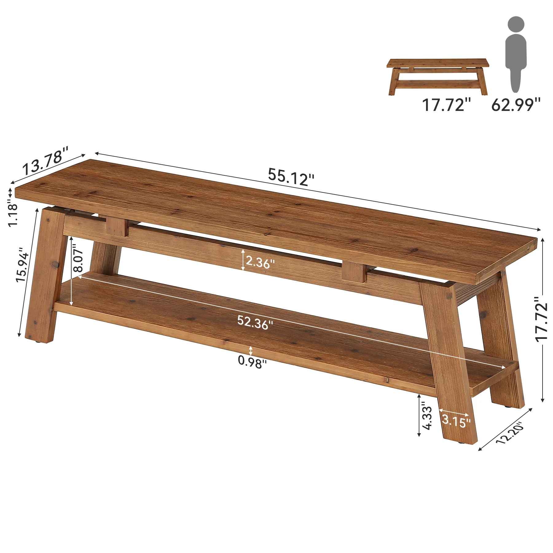 55" Solid Wood Entryway Bench, Farmhouse End of Bed Bench with Shoe Storage - Image 2