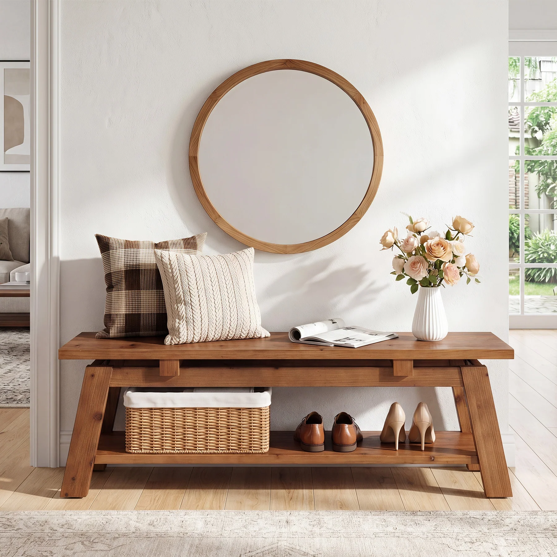 55" Solid Wood Entryway Bench, Farmhouse End of Bed Bench with Shoe Storage - Image 3
