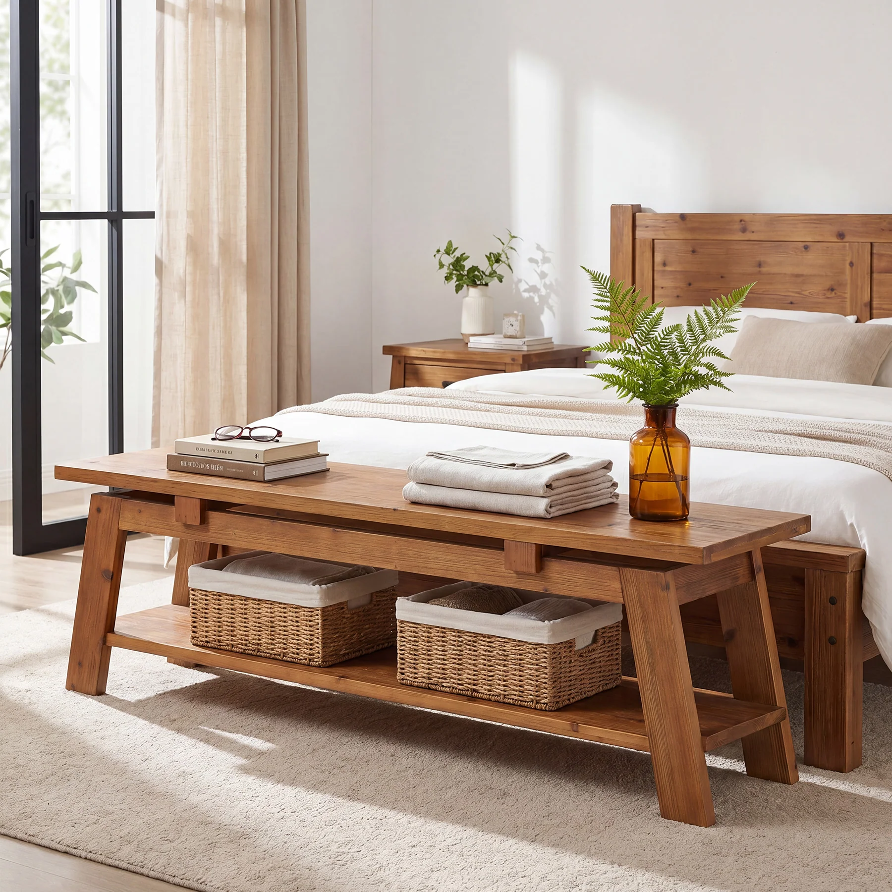 55" Solid Wood Entryway Bench, Farmhouse End of Bed Bench with Shoe Storage - Image 4