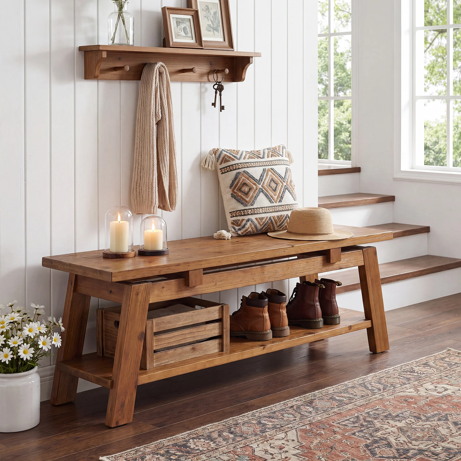 55" Solid Wood Entryway Bench, Farmhouse End of Bed Bench with Shoe Storage - Image 5