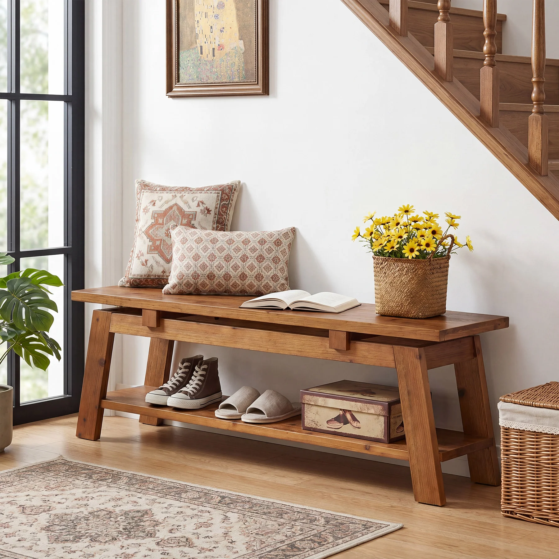 55" Solid Wood Entryway Bench, Farmhouse End of Bed Bench with Shoe Storage - Image 6