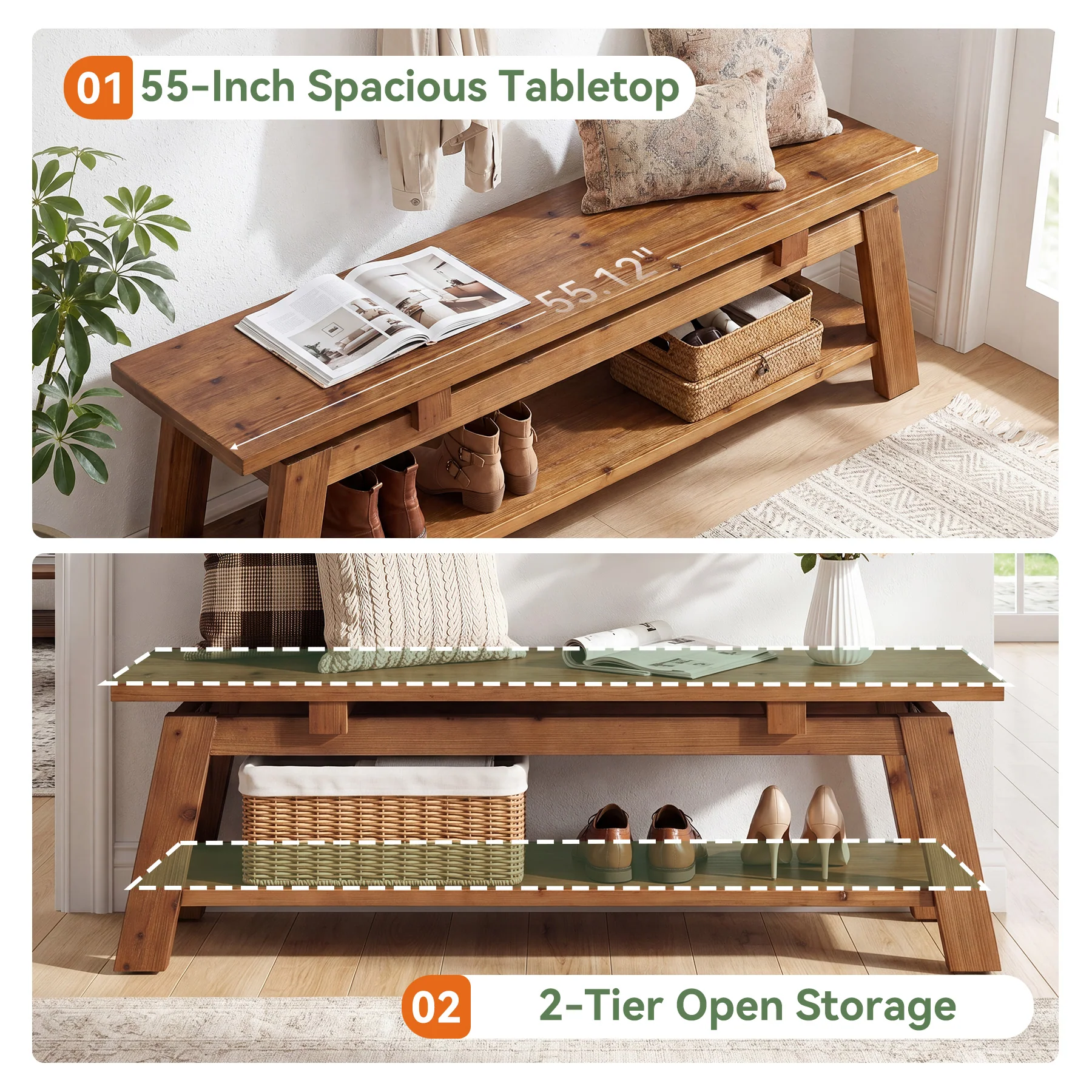 55" Solid Wood Entryway Bench, Farmhouse End of Bed Bench with Shoe Storage - Image 8