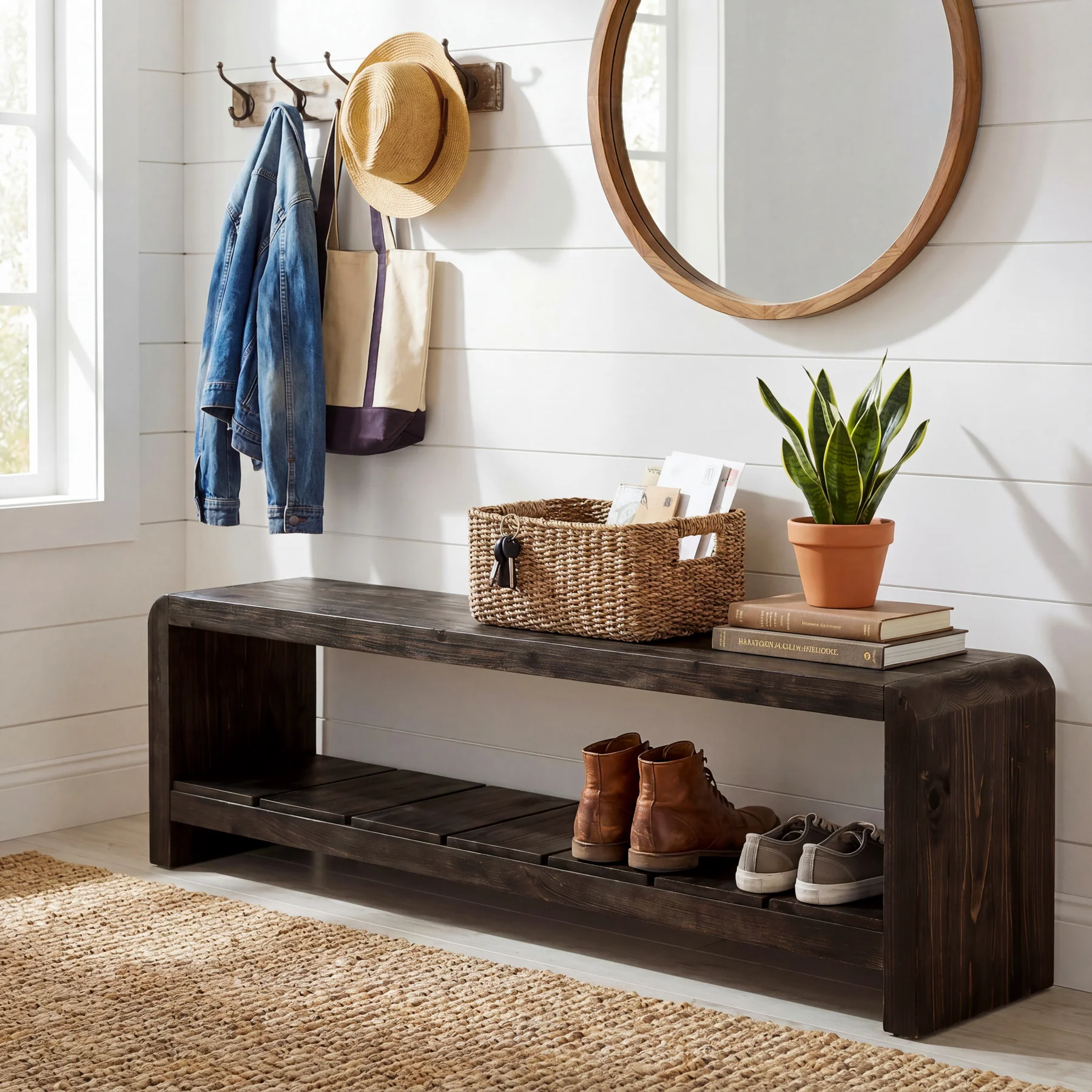 59" Solid Wood Entryway Bench, Farmhouse End of Bed Seating Shoe Bench with Storage - Image 10