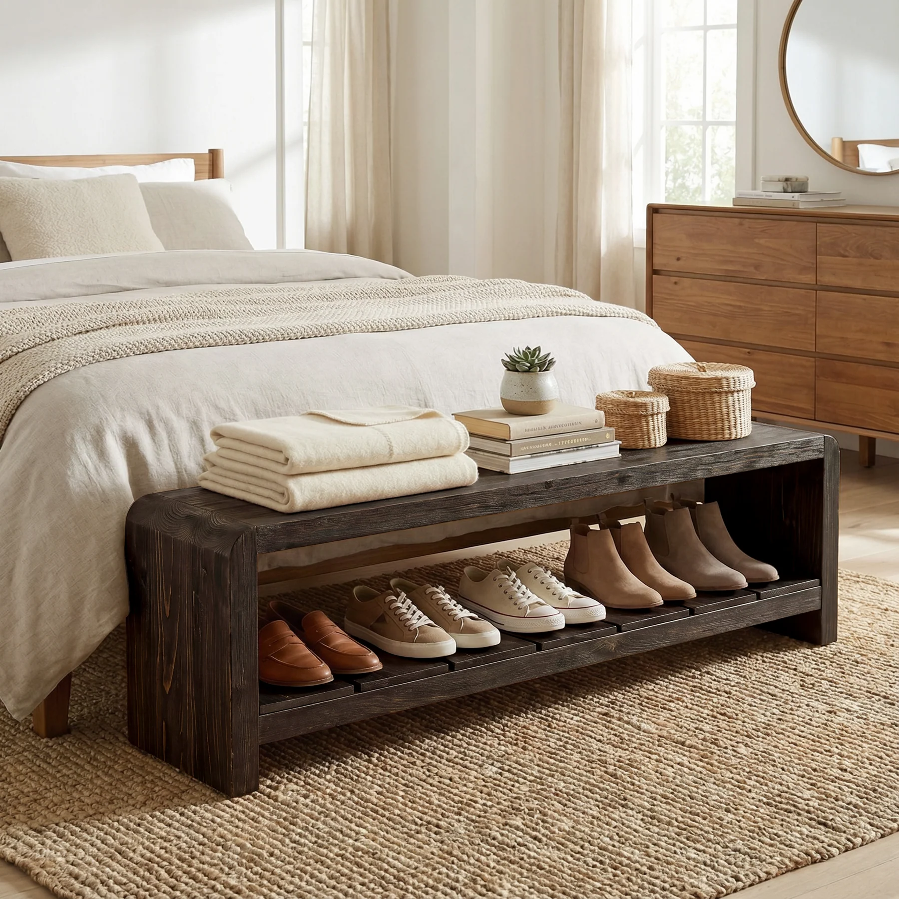 59" Solid Wood Entryway Bench, Farmhouse End of Bed Seating Shoe Bench with Storage - Image 11