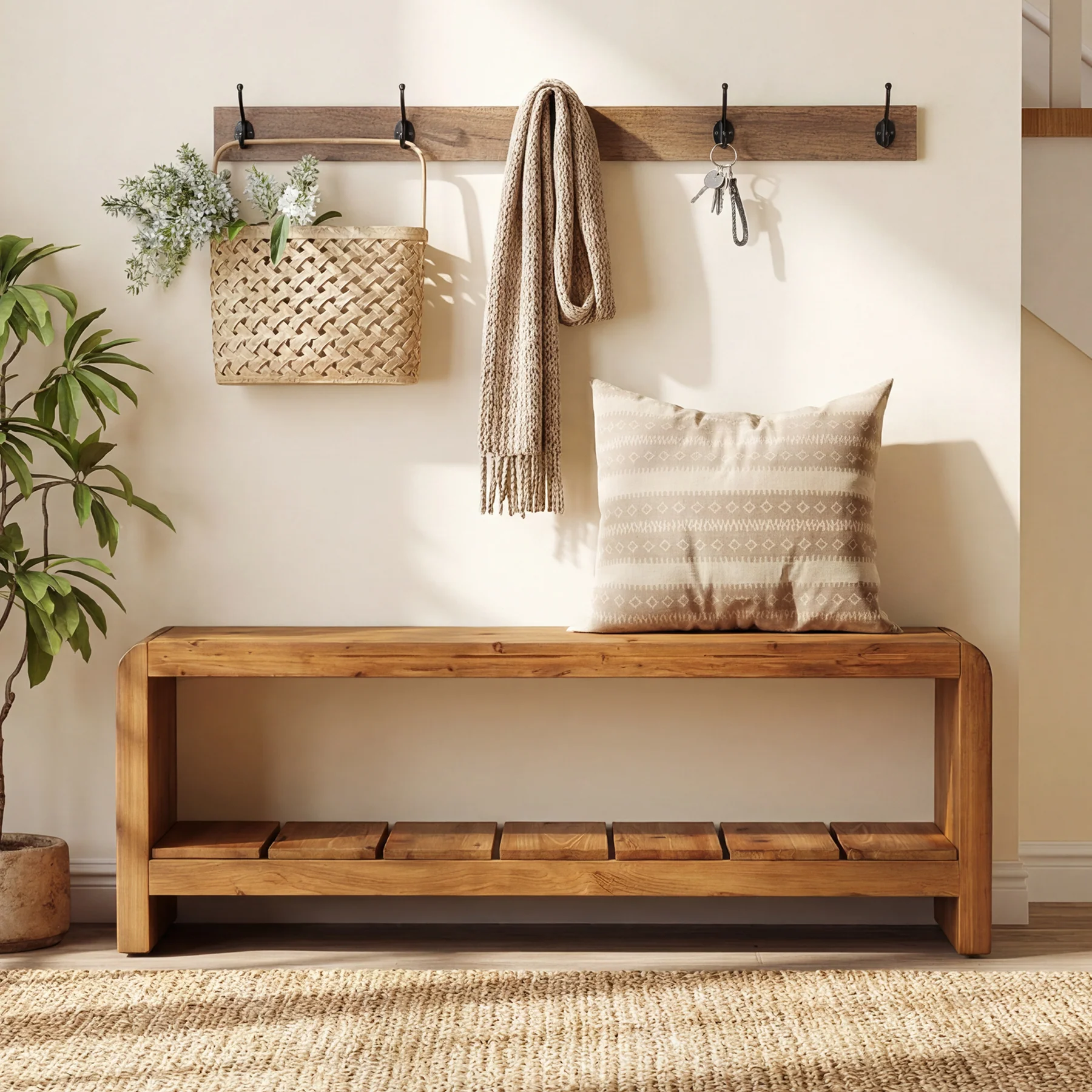 59" Solid Wood Entryway Bench, Farmhouse End of Bed Seating Shoe Bench with Storage - Image 3
