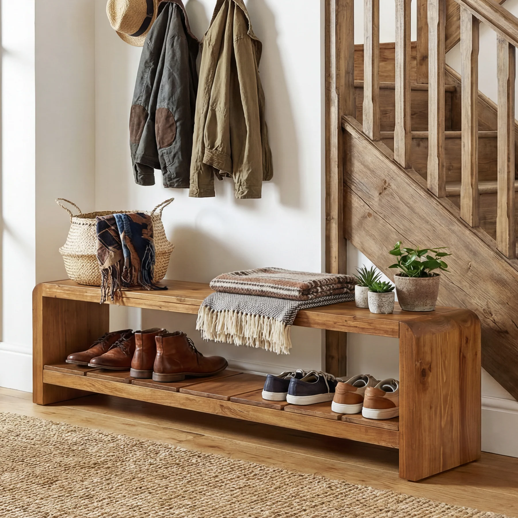 59" Solid Wood Entryway Bench, Farmhouse End of Bed Seating Shoe Bench with Storage - Image 4
