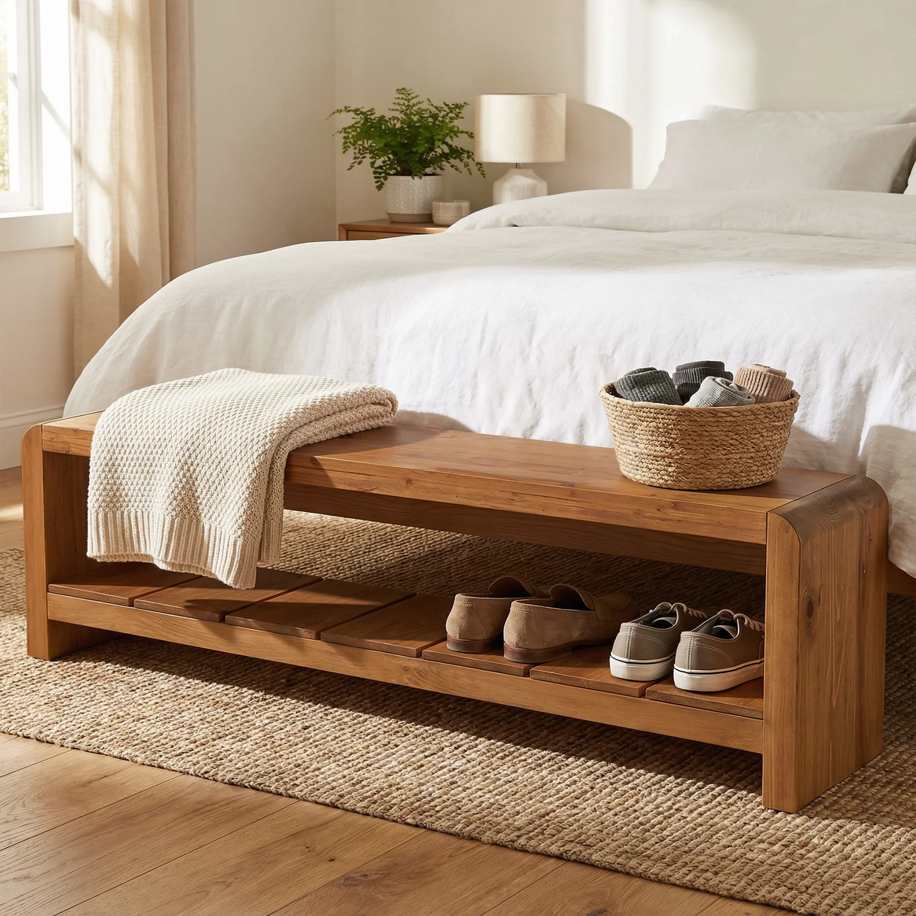 59" Solid Wood Entryway Bench, Farmhouse End of Bed Seating Shoe Bench with Storage - Image 5