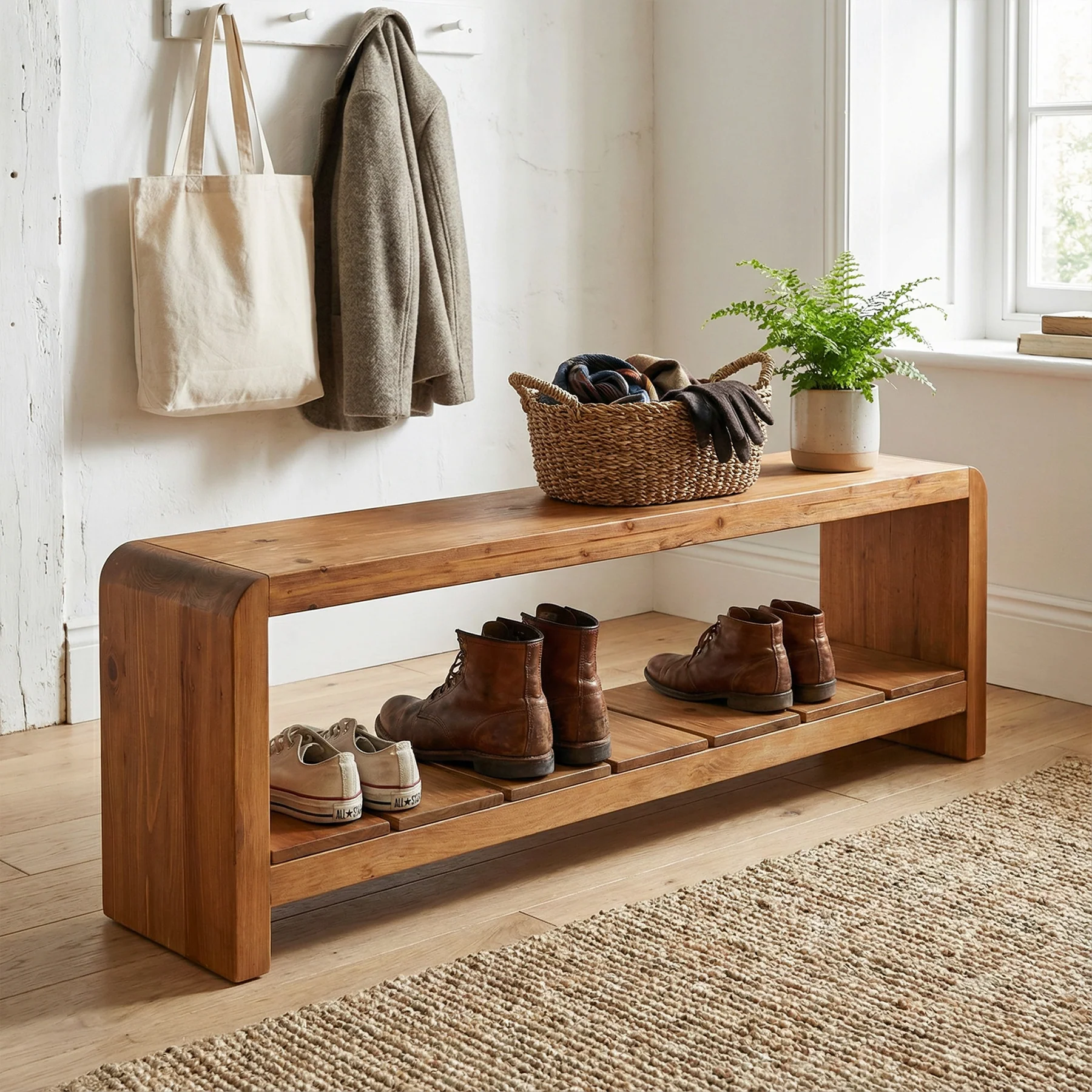 59" Solid Wood Entryway Bench, Farmhouse End of Bed Seating Shoe Bench with Storage - Image 6