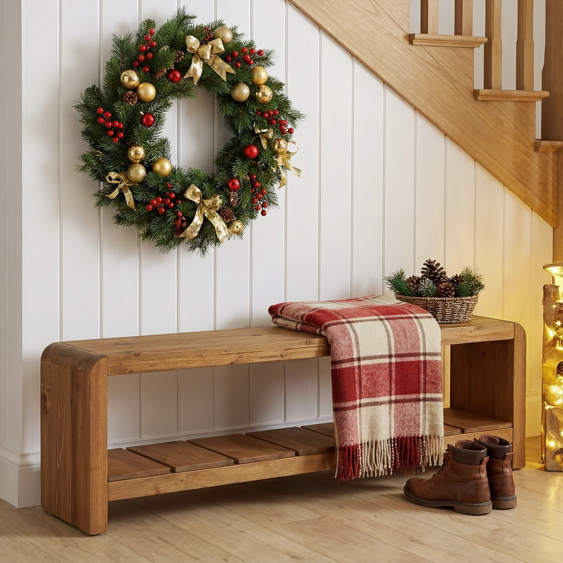 59" Solid Wood Entryway Bench, Farmhouse End of Bed Seating Shoe Bench with Storage - Image 7