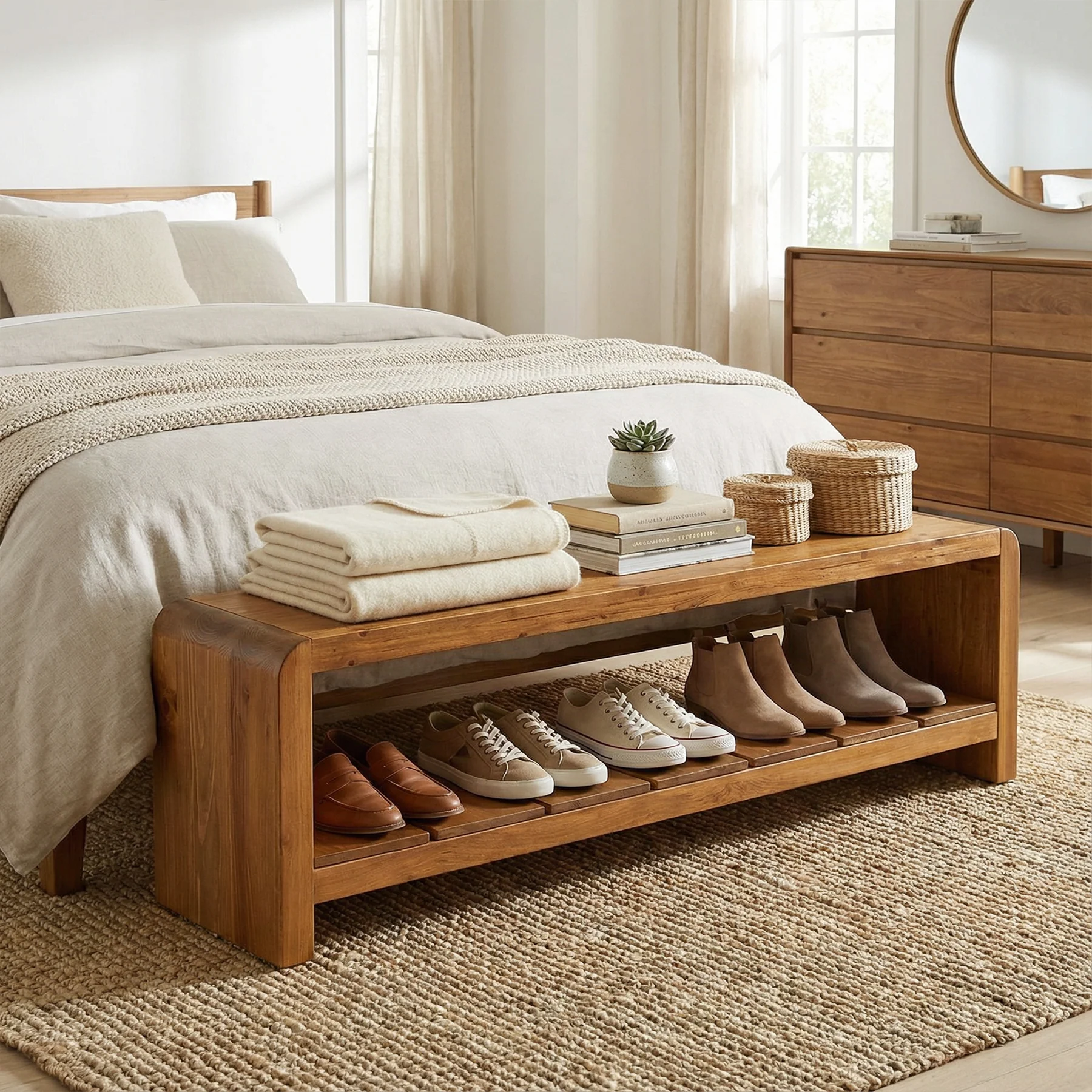 59" Solid Wood Entryway Bench, Farmhouse End of Bed Seating Shoe Bench with Storage - Image 8