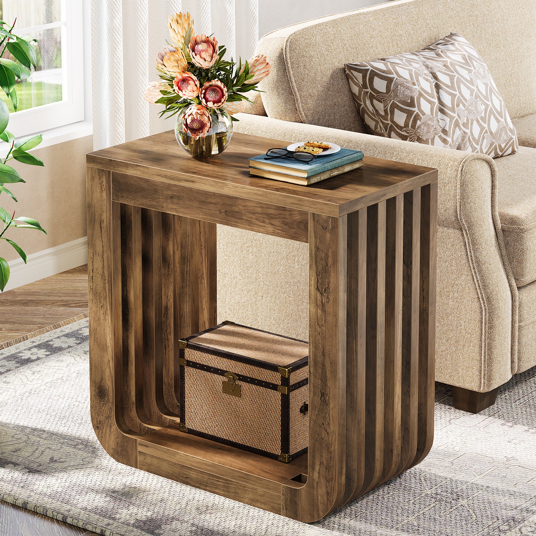 Narrow Sofa Side Table, Farmhouse End Table with Slatted Open Frame - Image 3