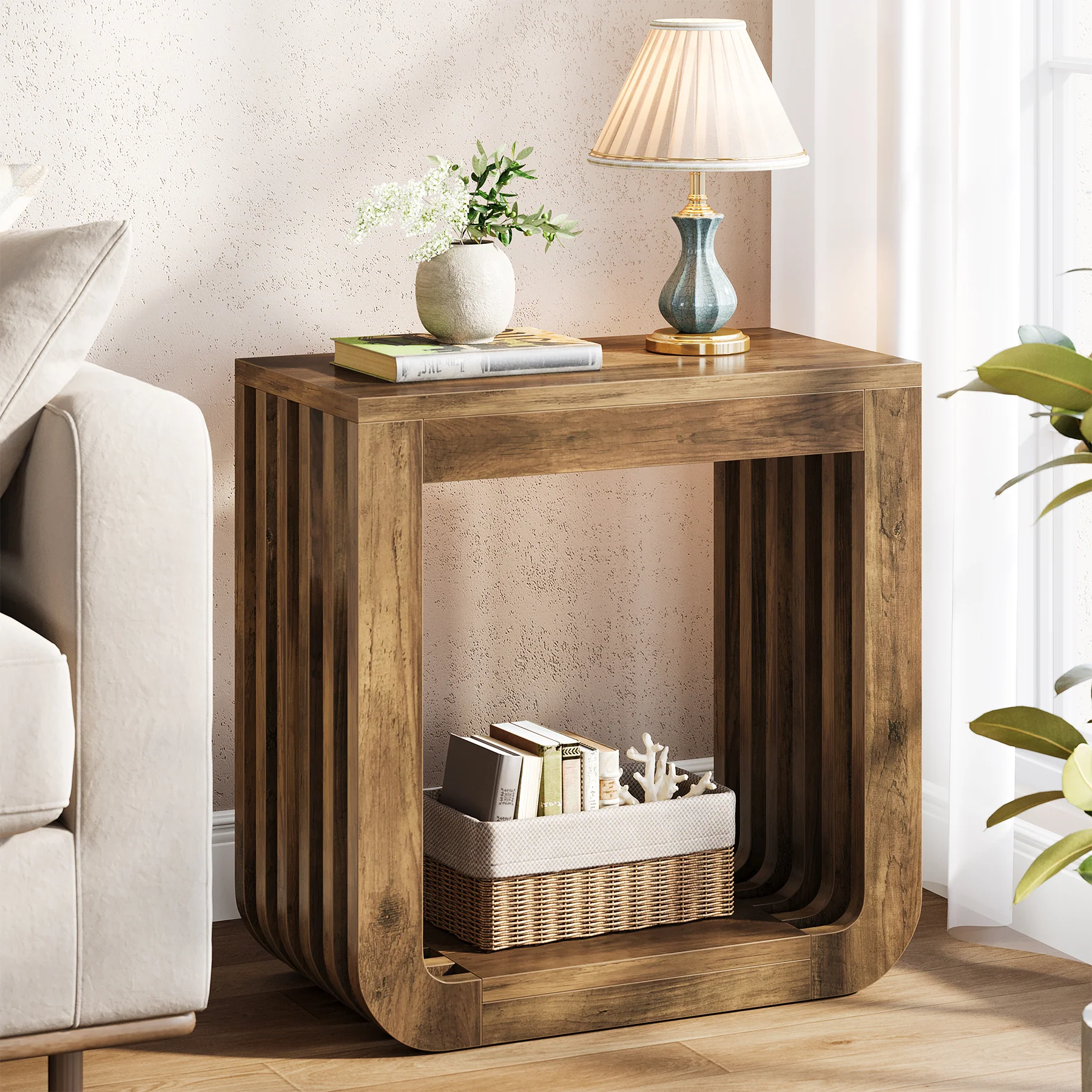Narrow Sofa Side Table, Farmhouse End Table with Slatted Open Frame - Image 4