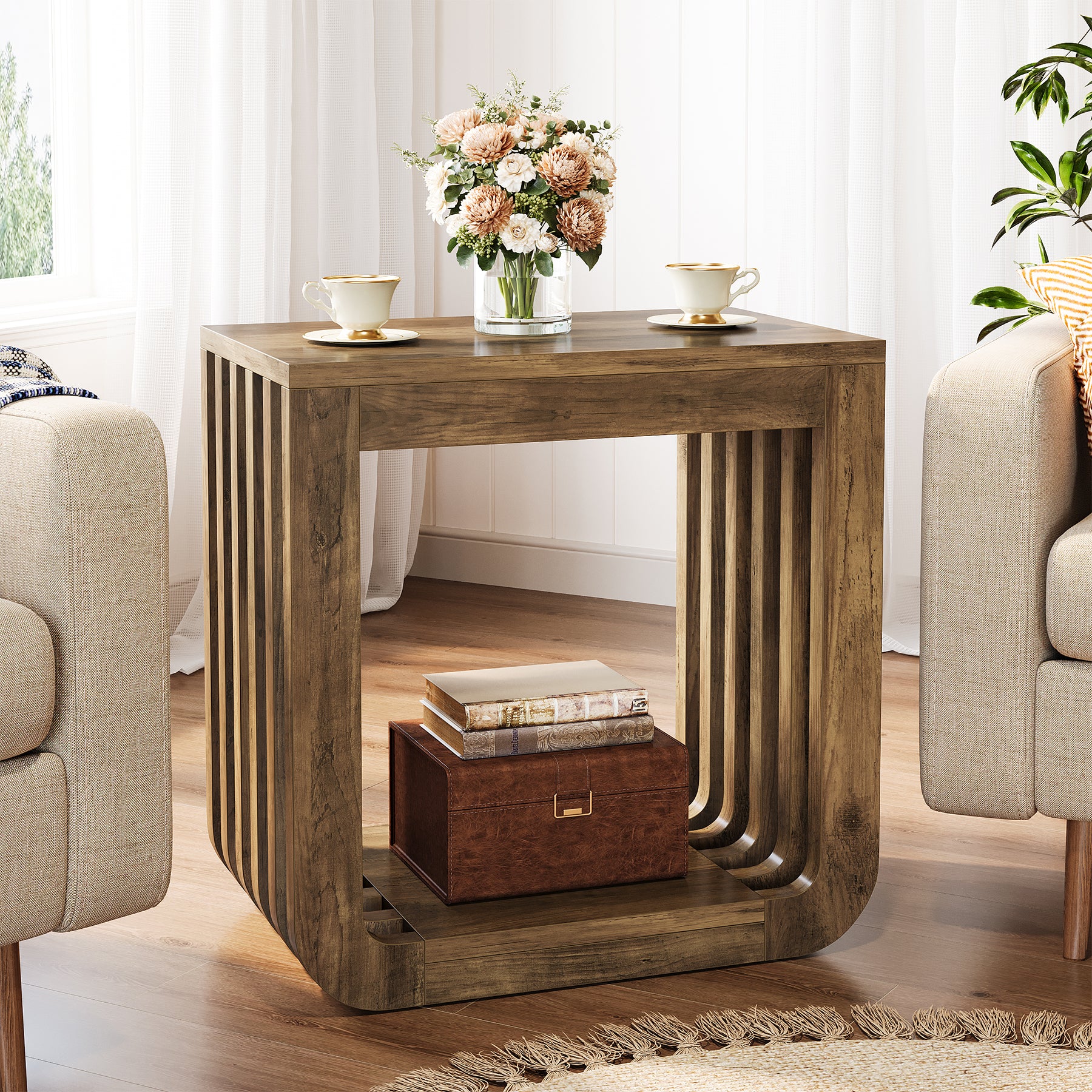 Narrow Sofa Side Table, Farmhouse End Table with Slatted Open Frame - Image 6