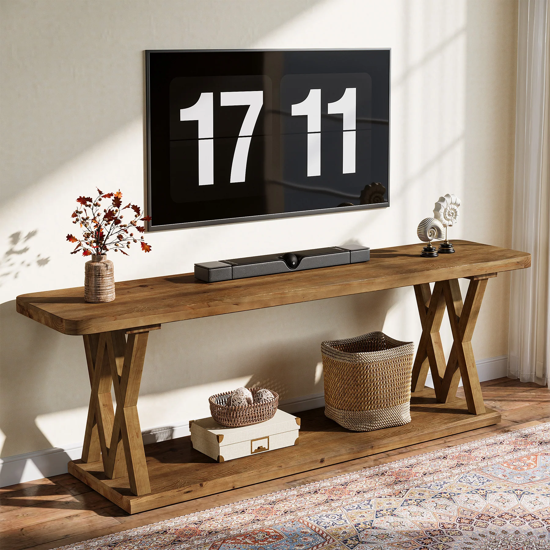 63" Solid Wood TV Stand, Farmhouse Entertainment Center for TVs Up to 75-Inch
