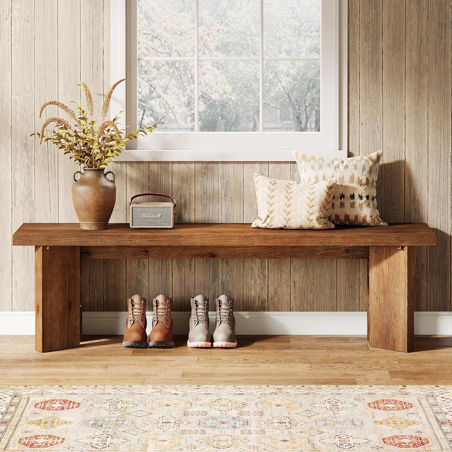 63" Wood Bench, Farmhouse Entryway Bench End of Bed Bench with Thickened Legs - Image 7