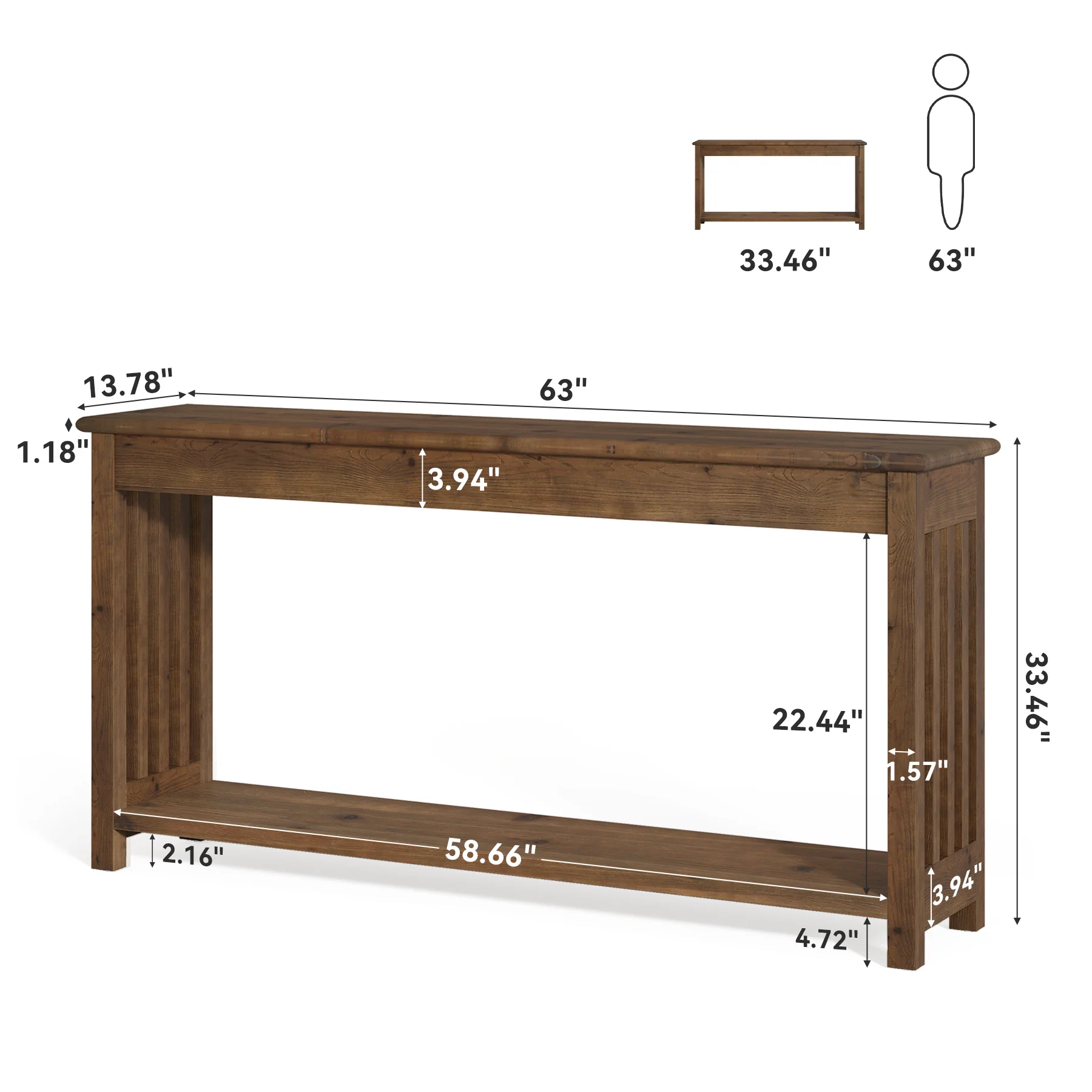 63" Console Table, Farmhouse Wood Entryway Sofa Table with 2-Tier Storage - Image 2