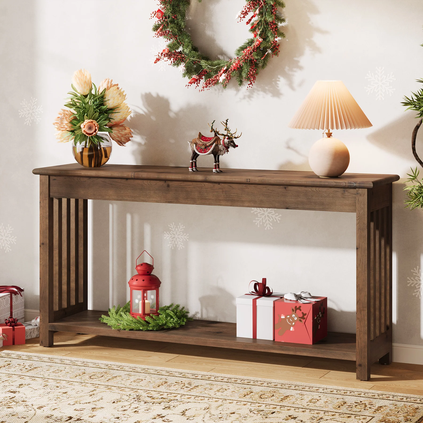 63" Console Table, Farmhouse Wood Entryway Sofa Table with 2-Tier Storage - Image 3