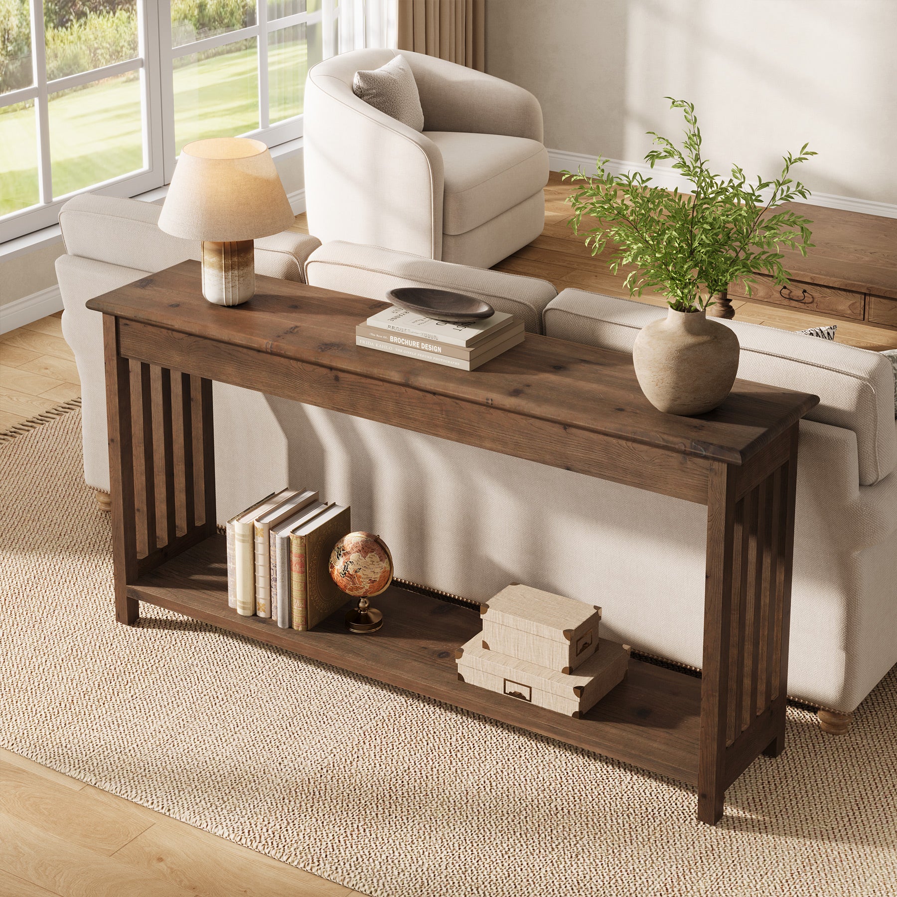 63" Console Table, Farmhouse Wood Entryway Sofa Table with 2-Tier Storage - Image 4