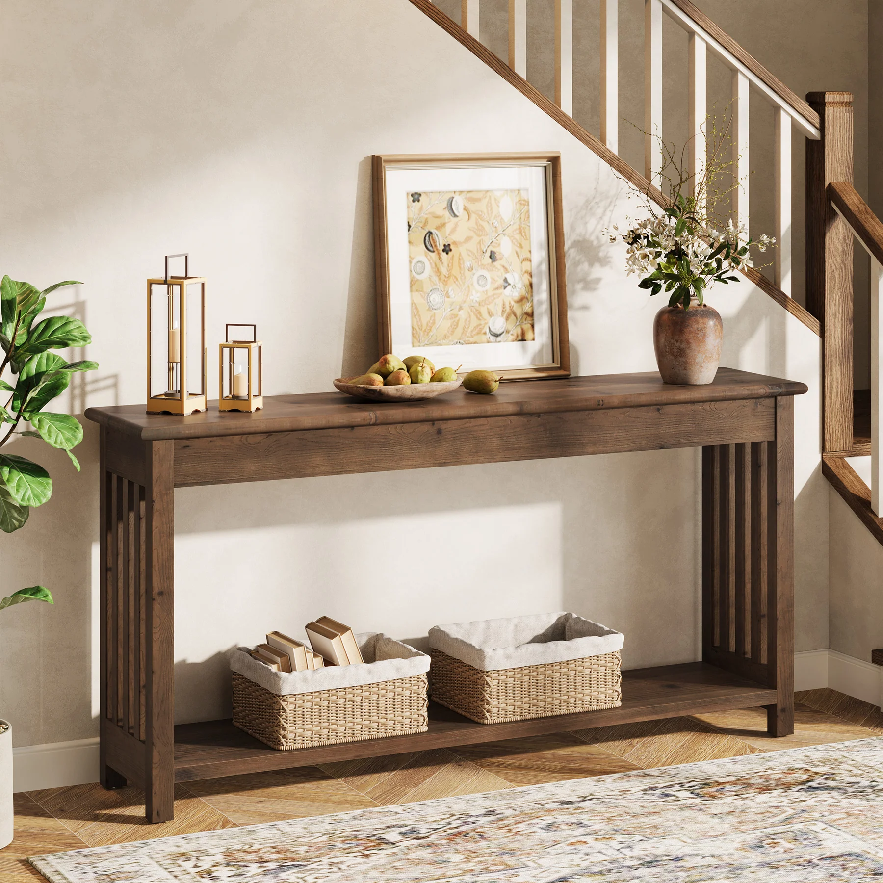 63" Console Table, Farmhouse Wood Entryway Sofa Table with 2-Tier Storage - Image 5