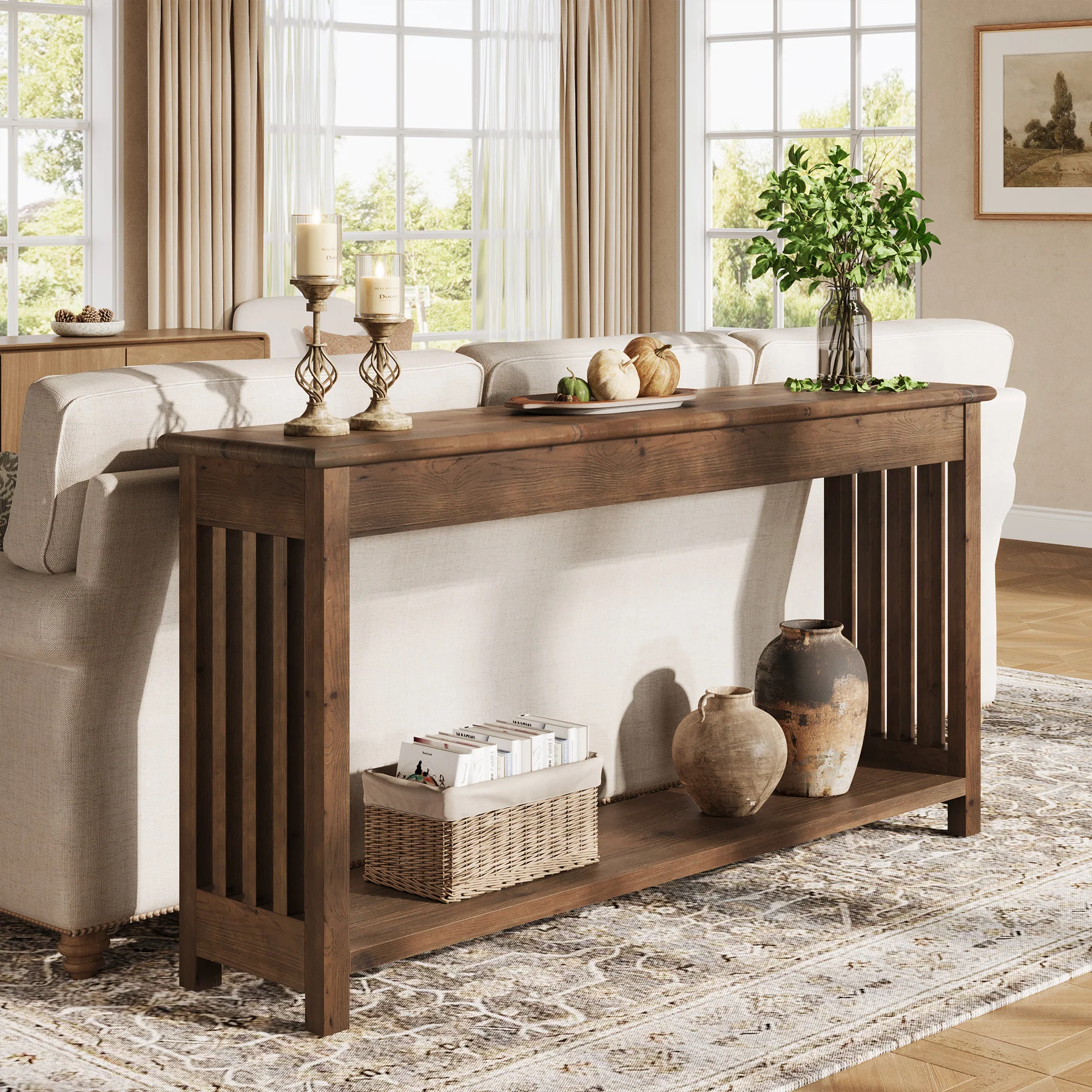 63" Console Table, Farmhouse Wood Entryway Sofa Table with 2-Tier Storage - Image 6